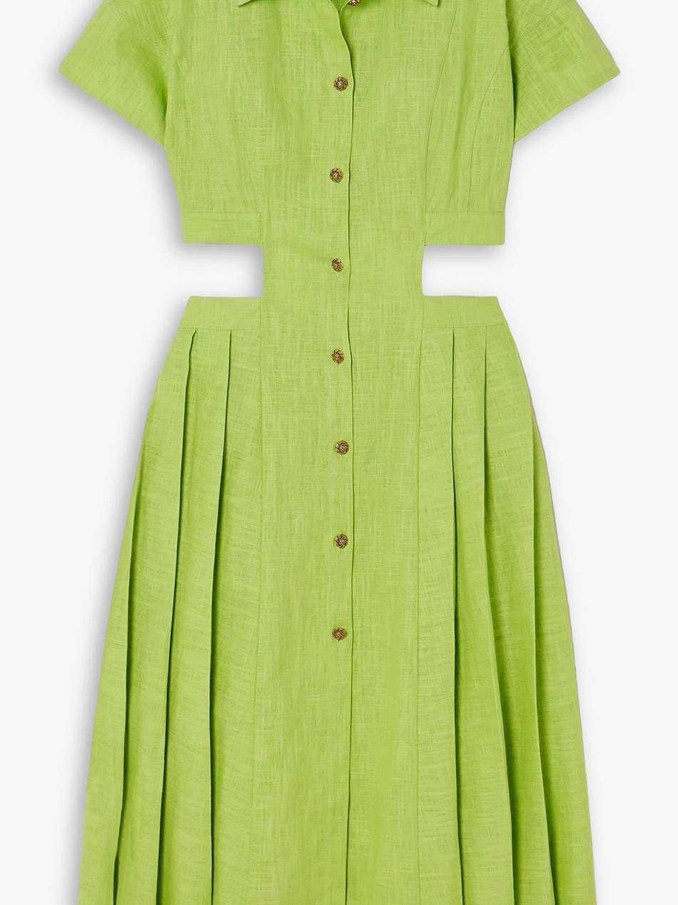 cutout pleated linen-gauze midi shirt dress