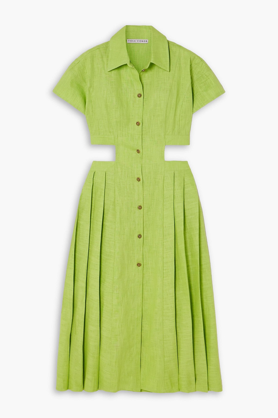 Tolu Coker The Vanguard Cutout Pleated Linen-gauze Midi Shirt Dress In Lime Green