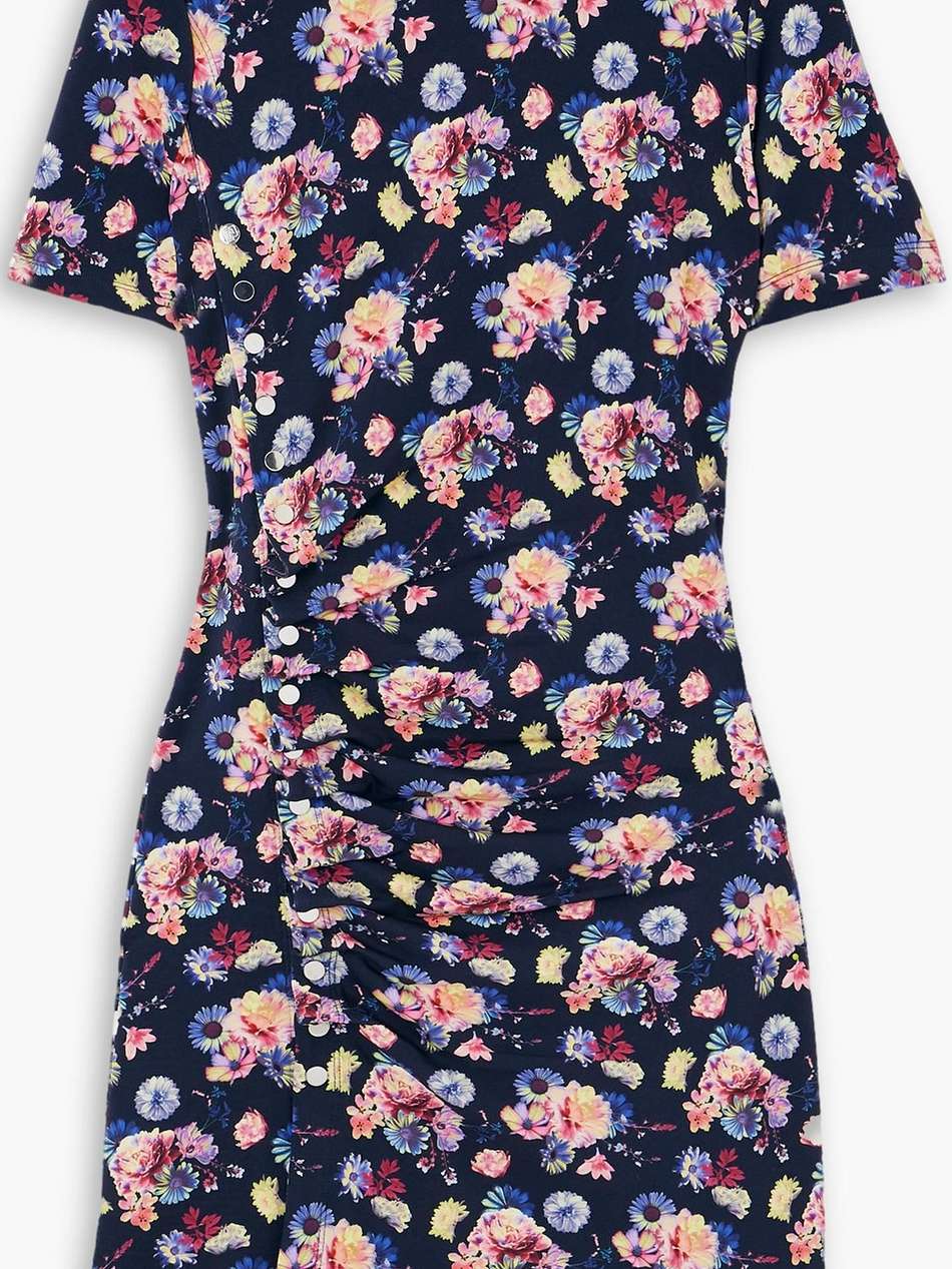 asymmetric ruched floral-print stretch-jersey mini dress