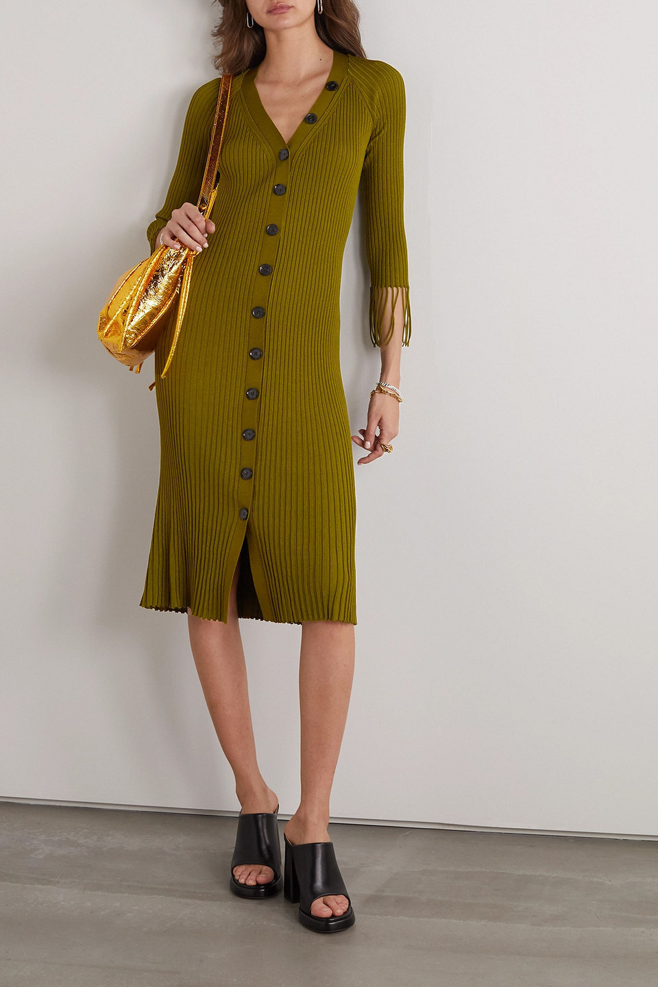 PROENZA SCHOULER FRINGED RIBBED-KNIT MIDI DRESS 