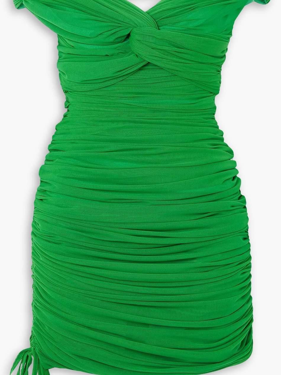 diana off-the-shoulder ruched stretch-tulle dress