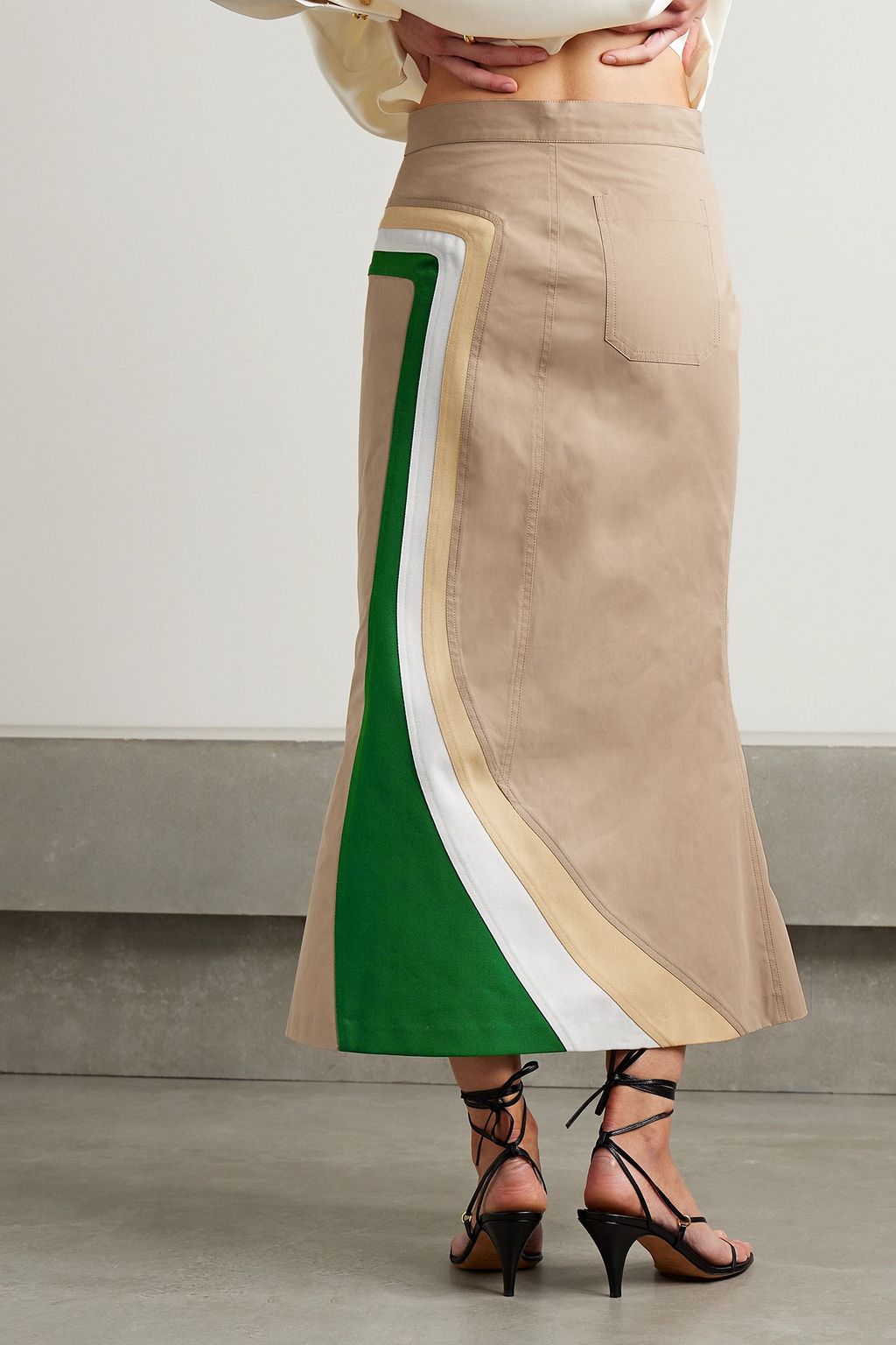 ROSIE ASSOULIN O'Delia striped gabardine-trimmed cotton-blend twill midi skirt