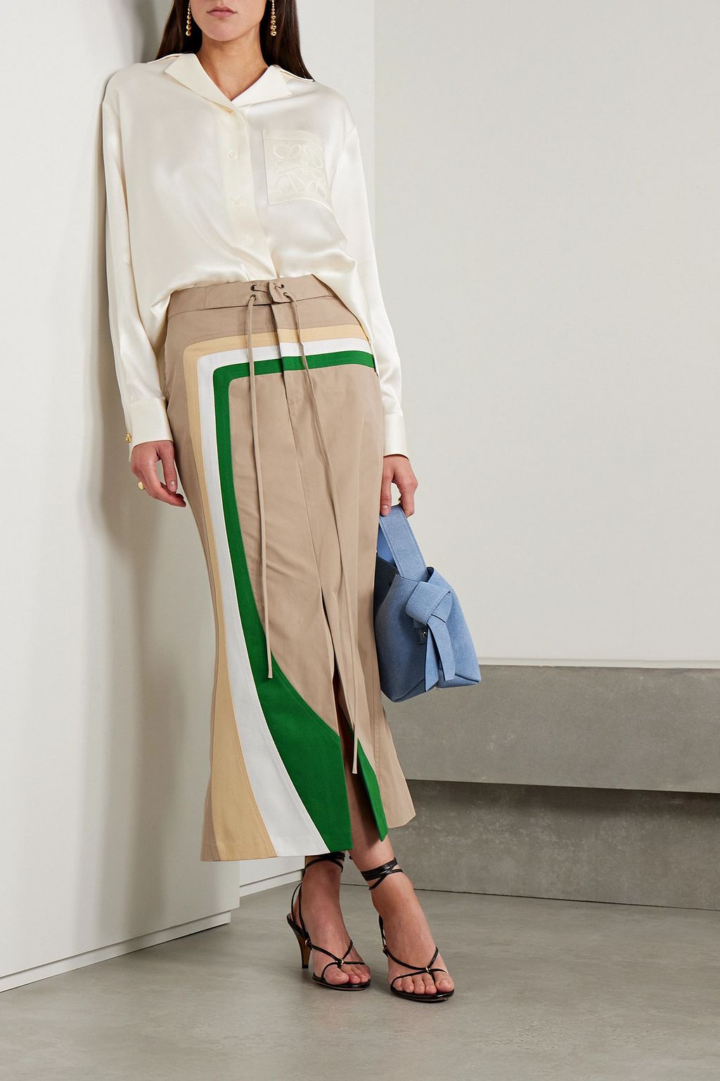 ROSIE ASSOULIN O'Delia striped gabardine-trimmed cotton-blend twill midi skirt