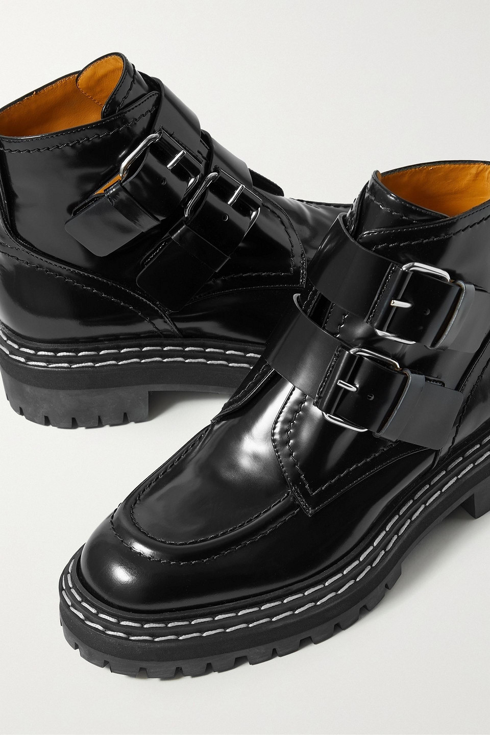PROENZA SCHOULER BUCKLED GLOSSED-LEATHER ANKLE BOOTS