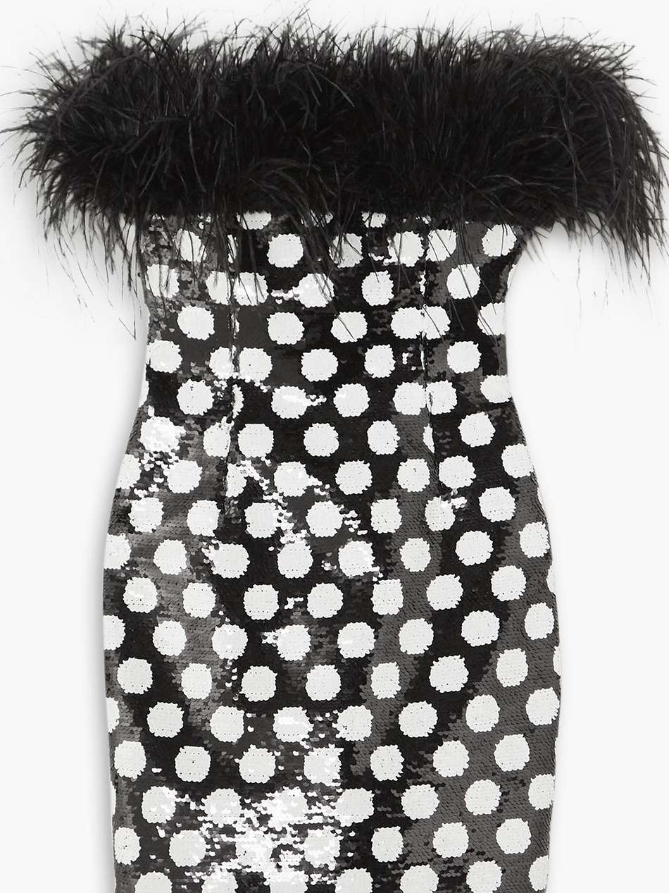 feather-trimmed polka-dot sequined crepe mini dress