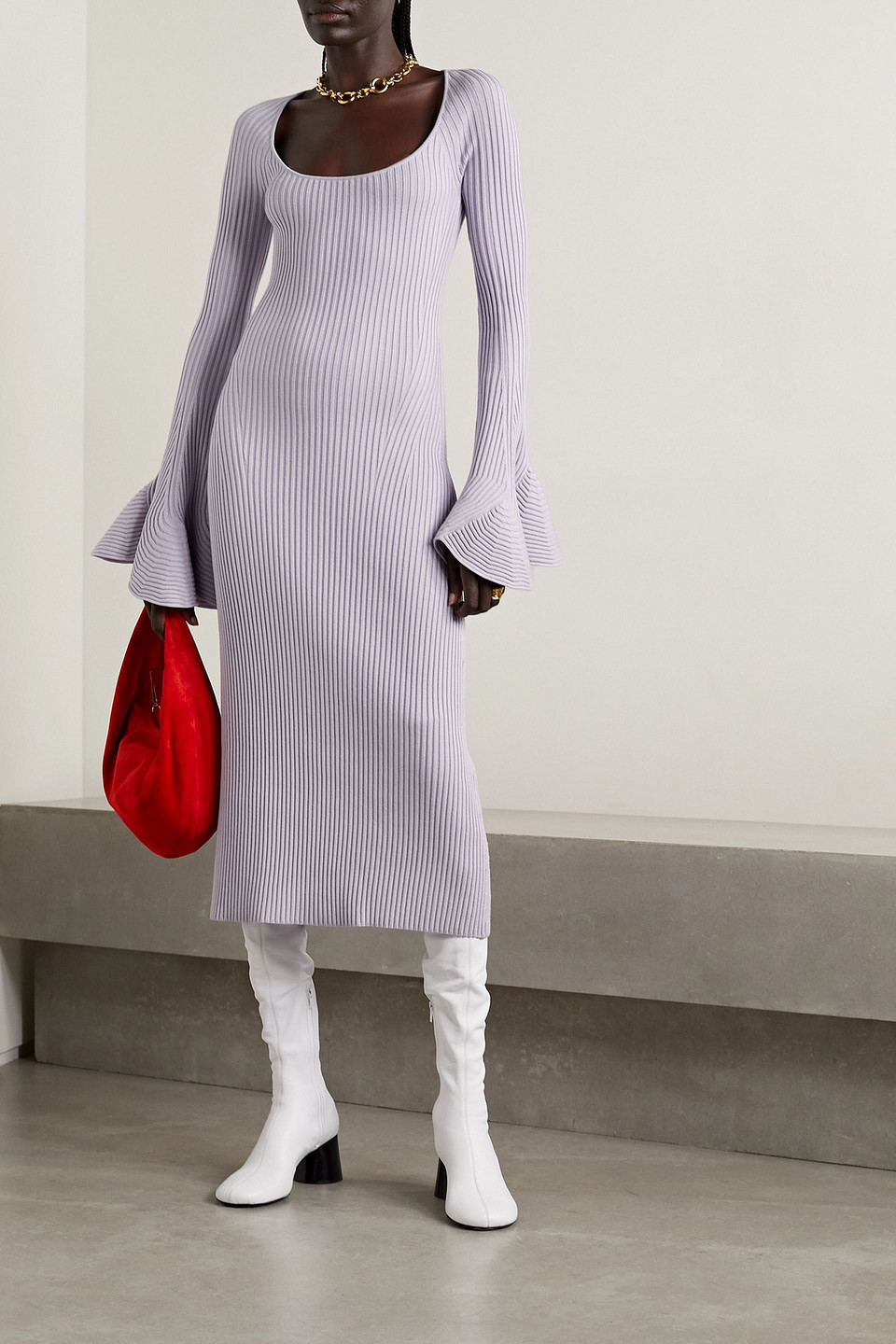 PROENZA SCHOULER RUFFLED RIBBED-KNIT MIDI DRESS