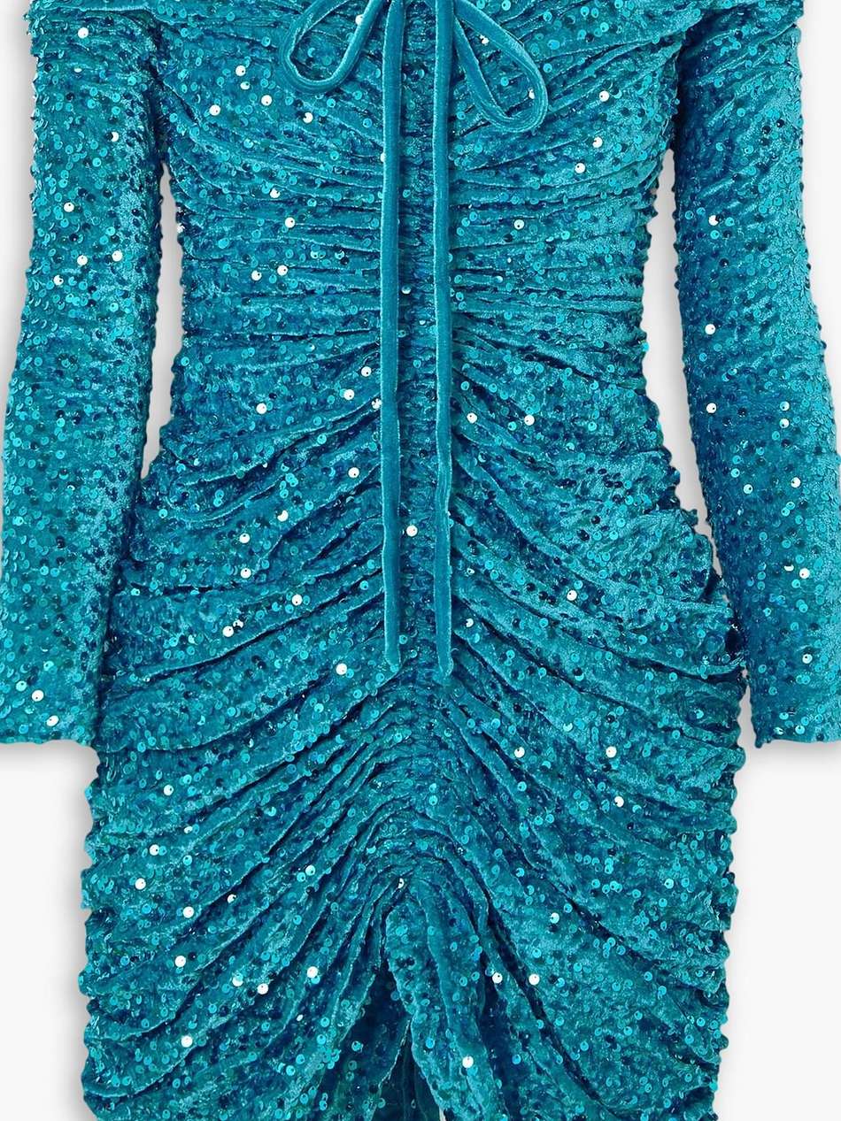 ruched off-the-shoulder sequined stretch-velvet mini dress