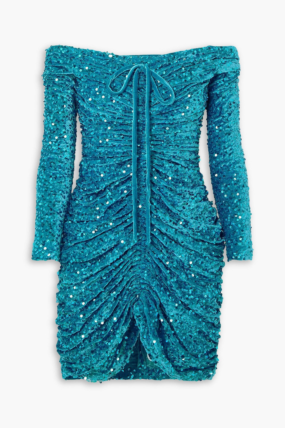 Richard Quinn Ruched Off-the-shoulder Sequined Stretch-velvet Mini Dress In Turquoise