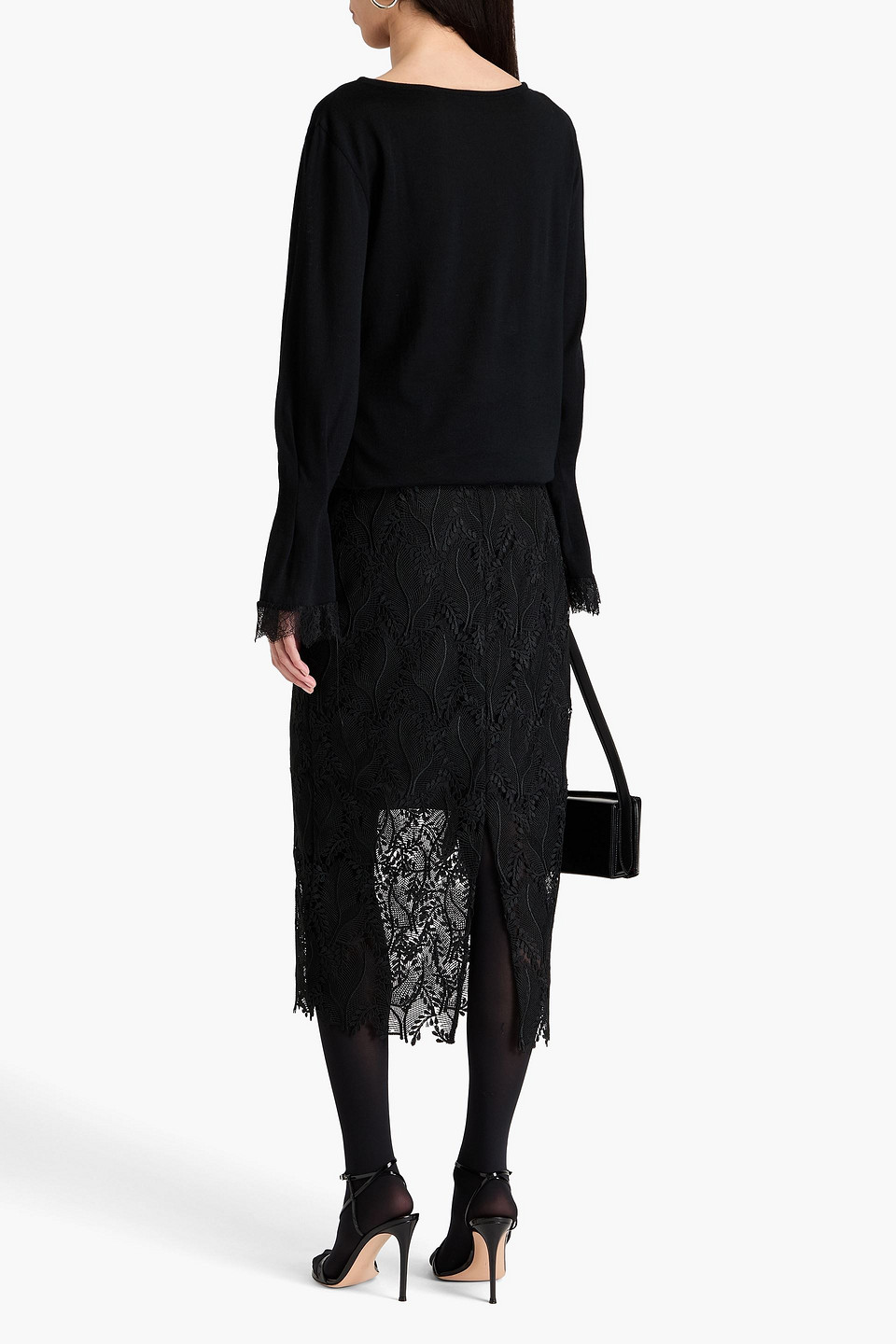 Alberta Ferretti Lace-trimmed Wool Sweater In Black
