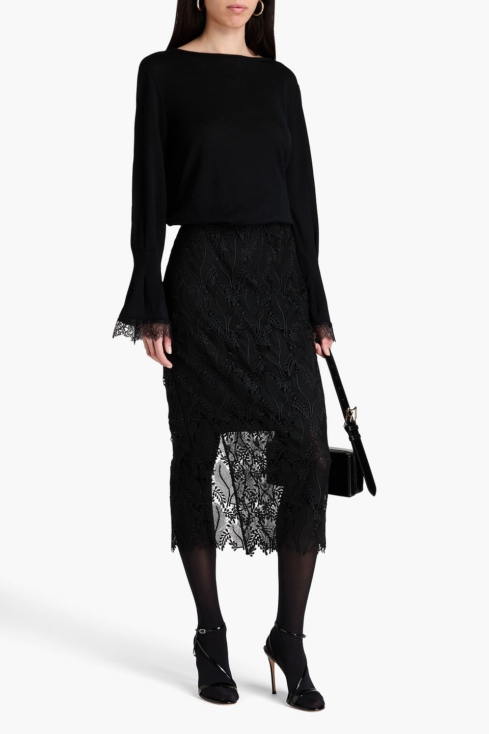 Alberta Ferretti Lace-trimmed Wool Sweater In Black