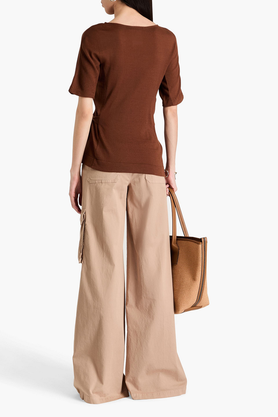 Alberta Ferretti Asymmetric Ruched Wool Top In Brown