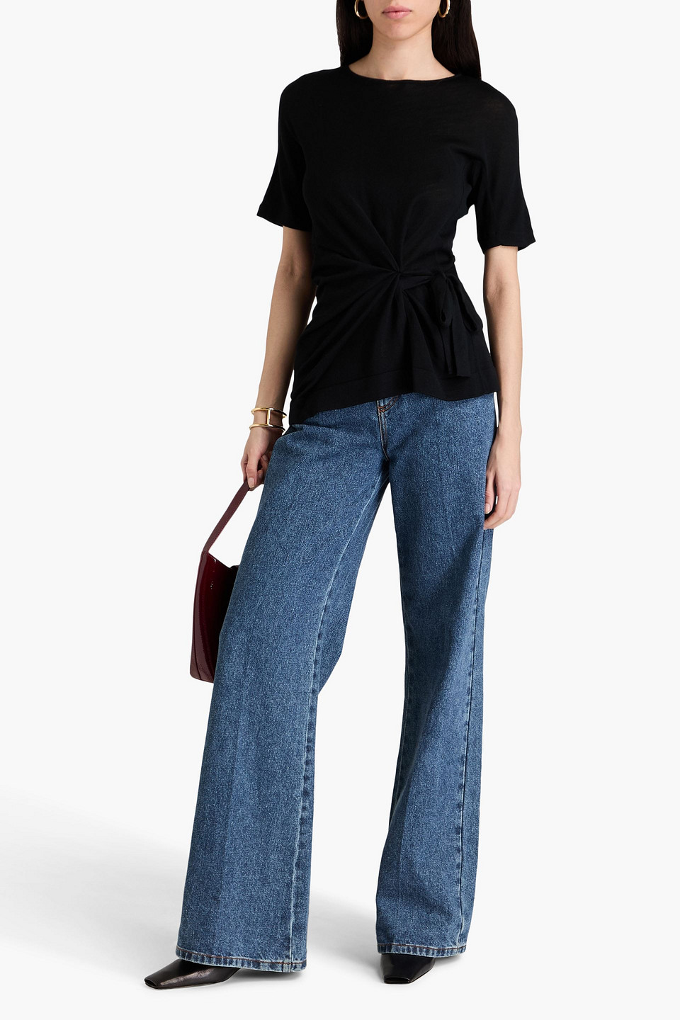 Alberta Ferretti Asymmetric Ruched Wool Top In Black