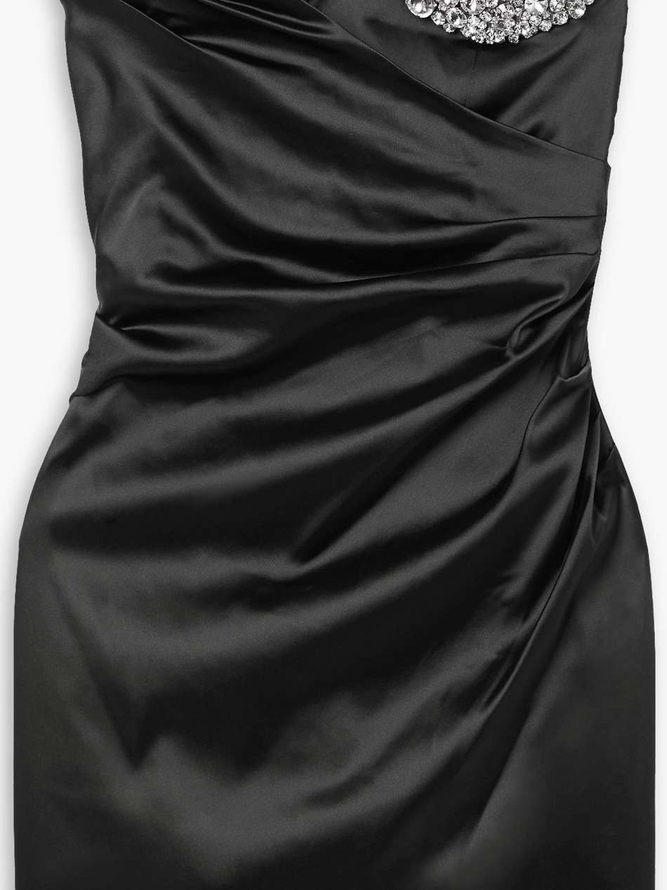 strapless crystal-embellished draped satin mini dress