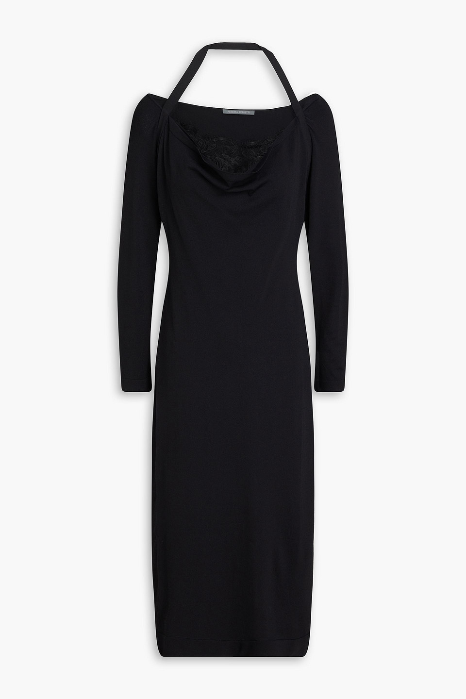 Alberta Ferretti Lace-trimmed Ribbed Jersey Halterneck Midi Dress In Black