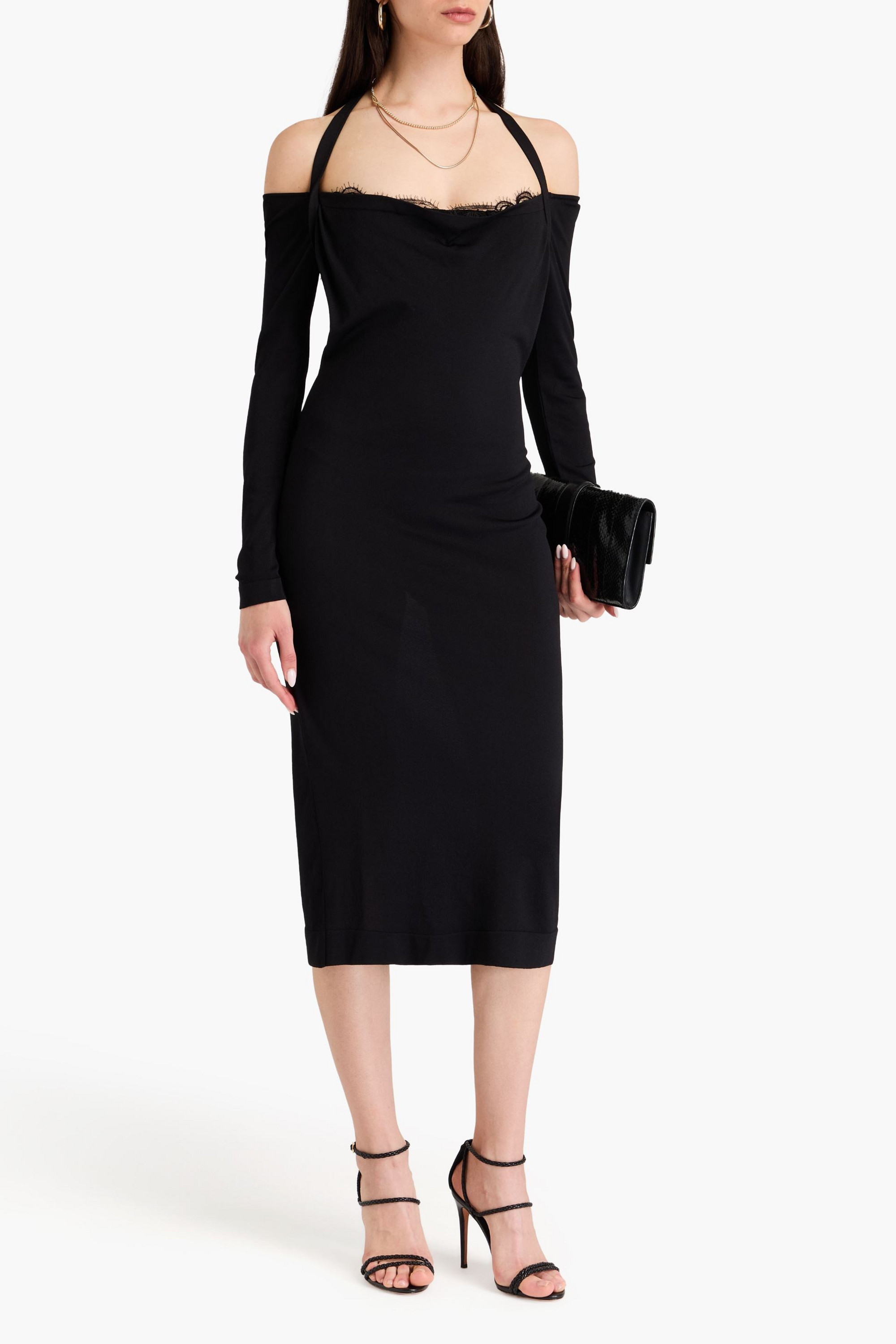 ALBERTA FERRETTI Lace-trimmed ribbed jersey halterneck midi dress
