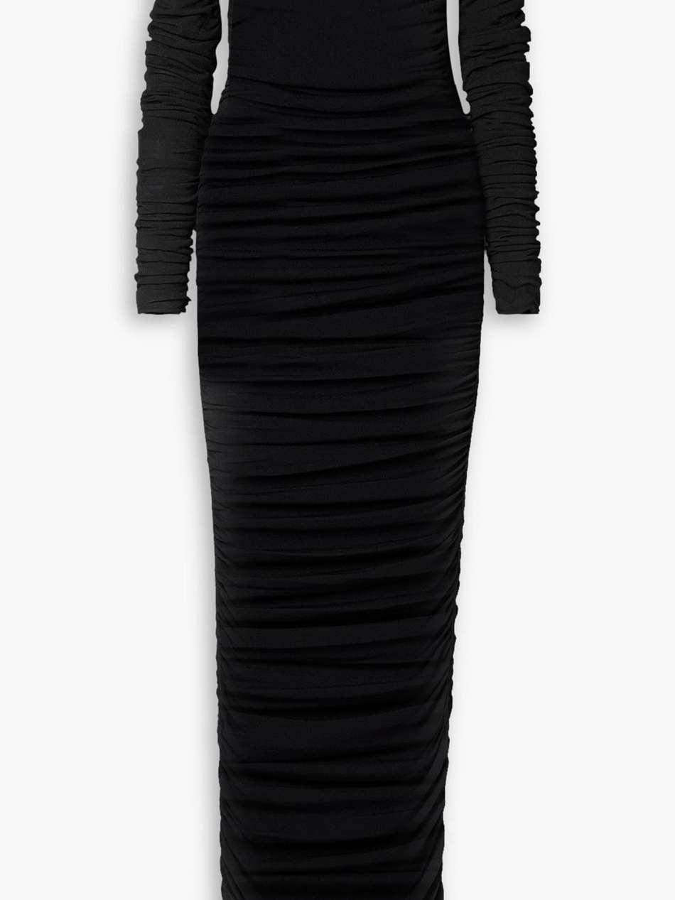 trikera off-the-shoulder ruched stretch-jersey maxi dress