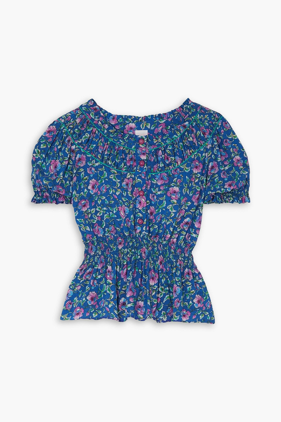 Loretta Caponi Giada Ruffled Floral-print Voile Blouse In Blue