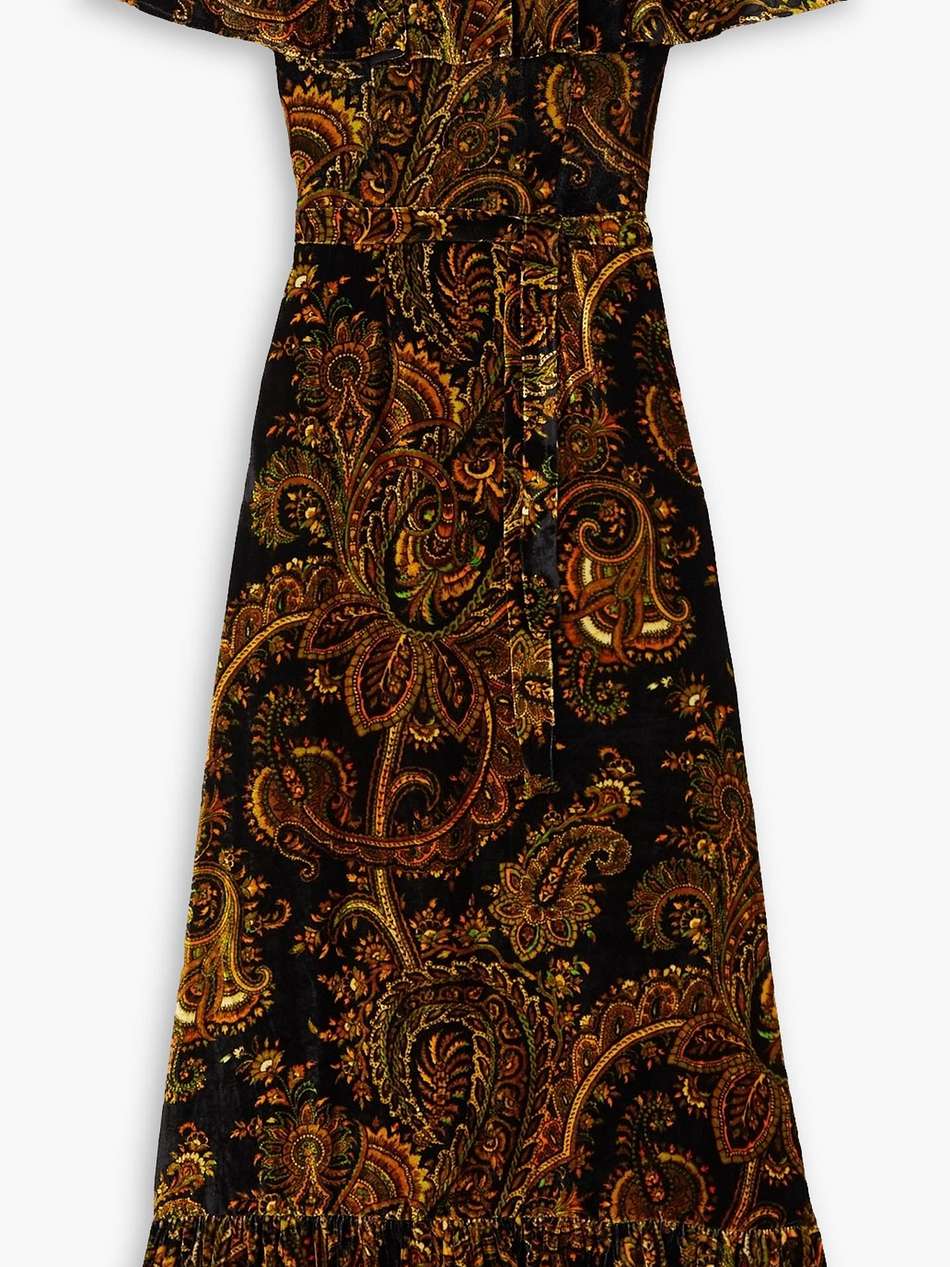 off-the-shoulder belted paisley-print velvet maxi dress