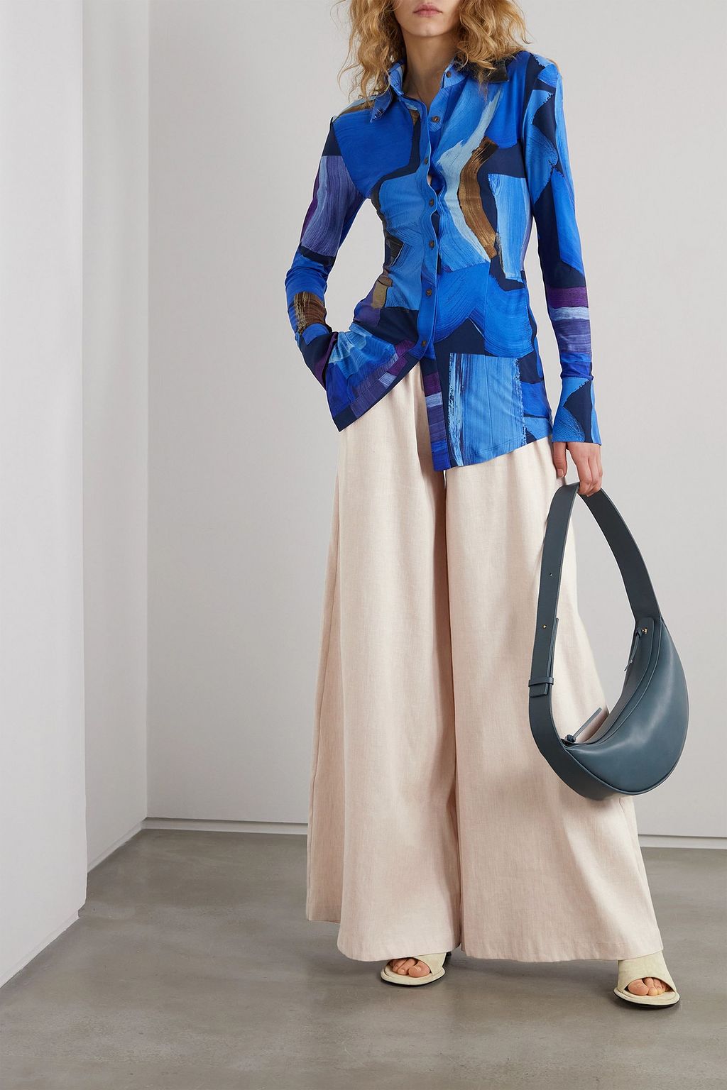 AAIZÉL Pleated stretch linen and cotton-blend twill wide-leg pants