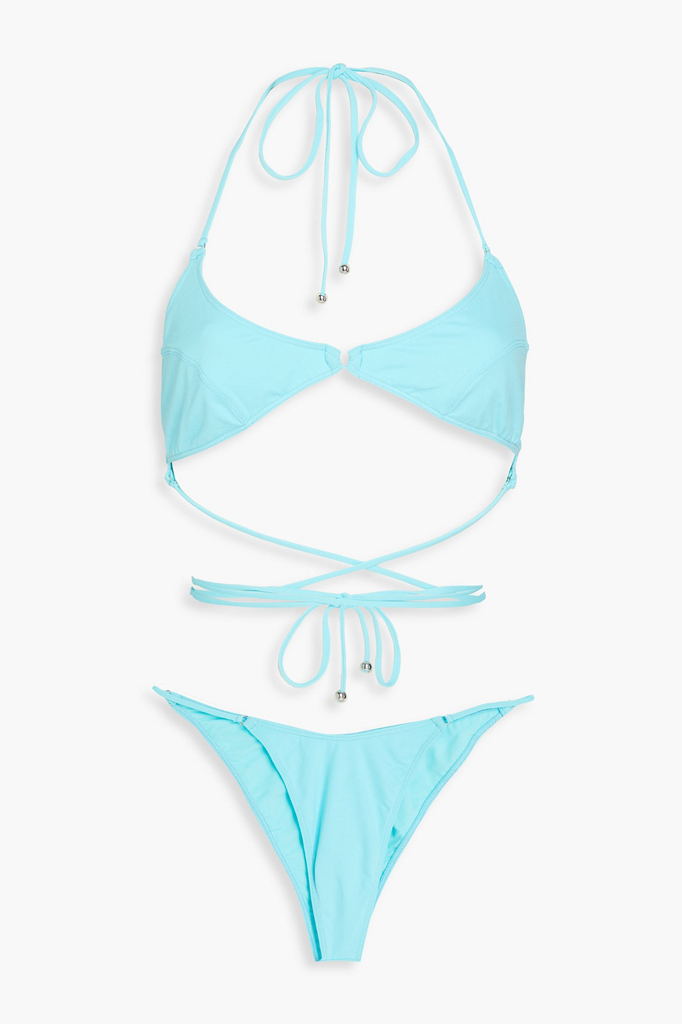 Leslie Amon Poppy Embellished Halterneck Bikini In Turquoise