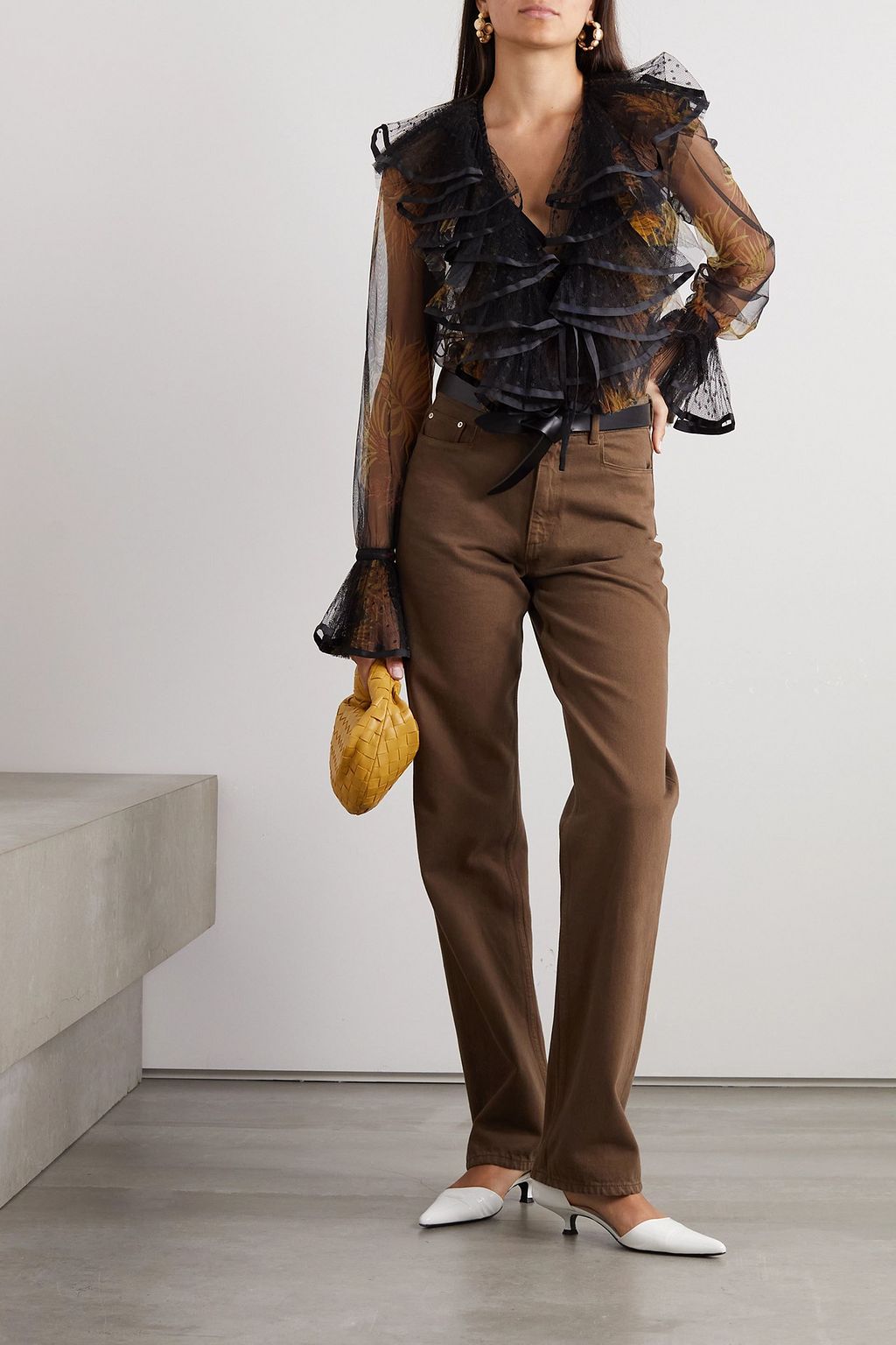 ETRO Ruffled satin-trimmed Swiss-dot and printed tulle blouse