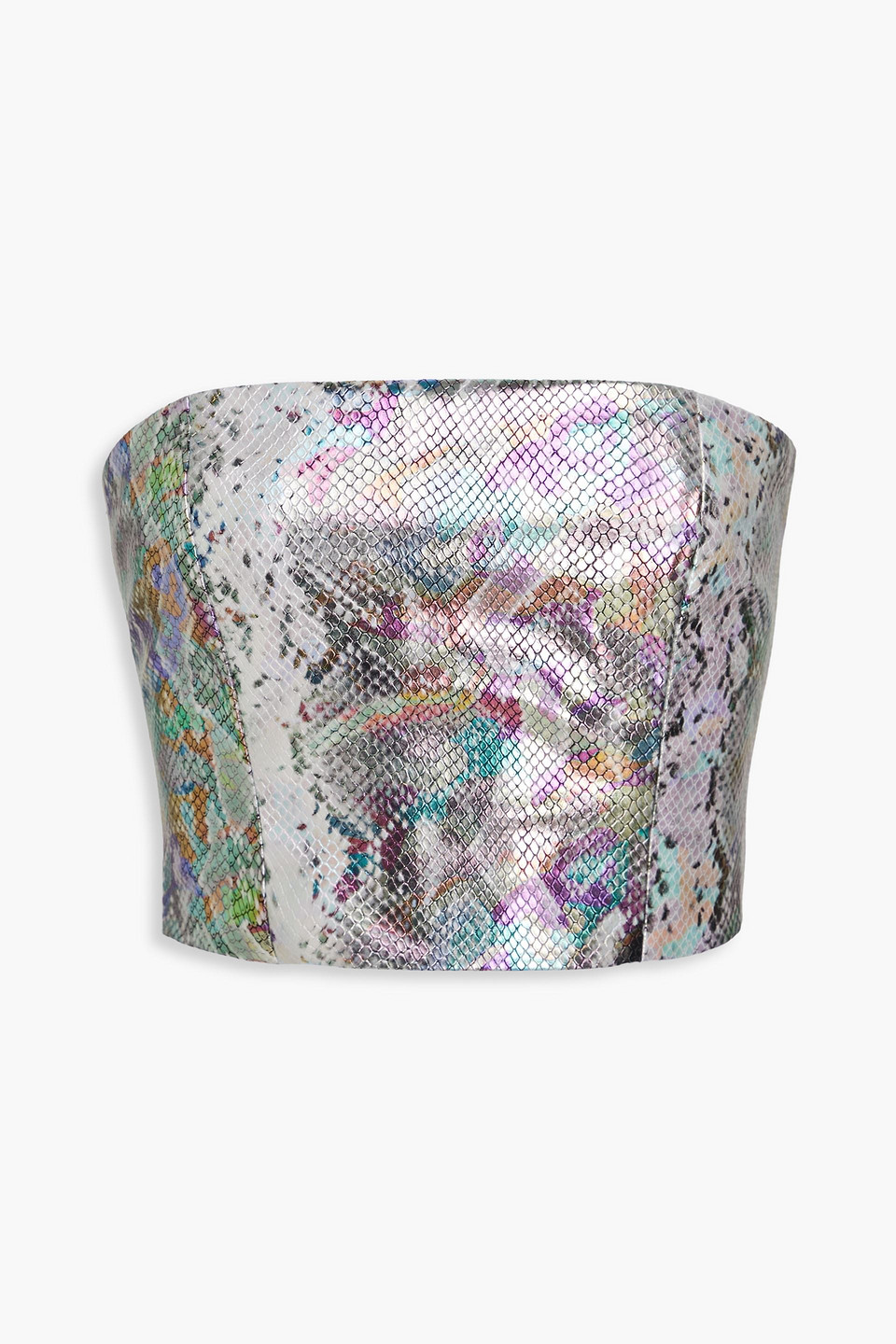 Rotate Birger Christensen Strapless Metallic Faux Snake-effect Leather Top In Gray