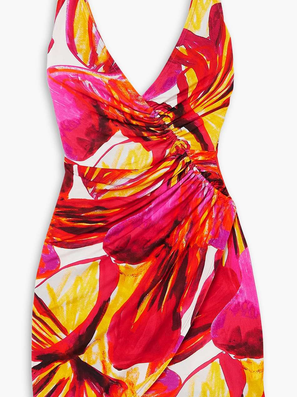 summer solstice wrap-effect ruched printed stretch-jersey mini dress