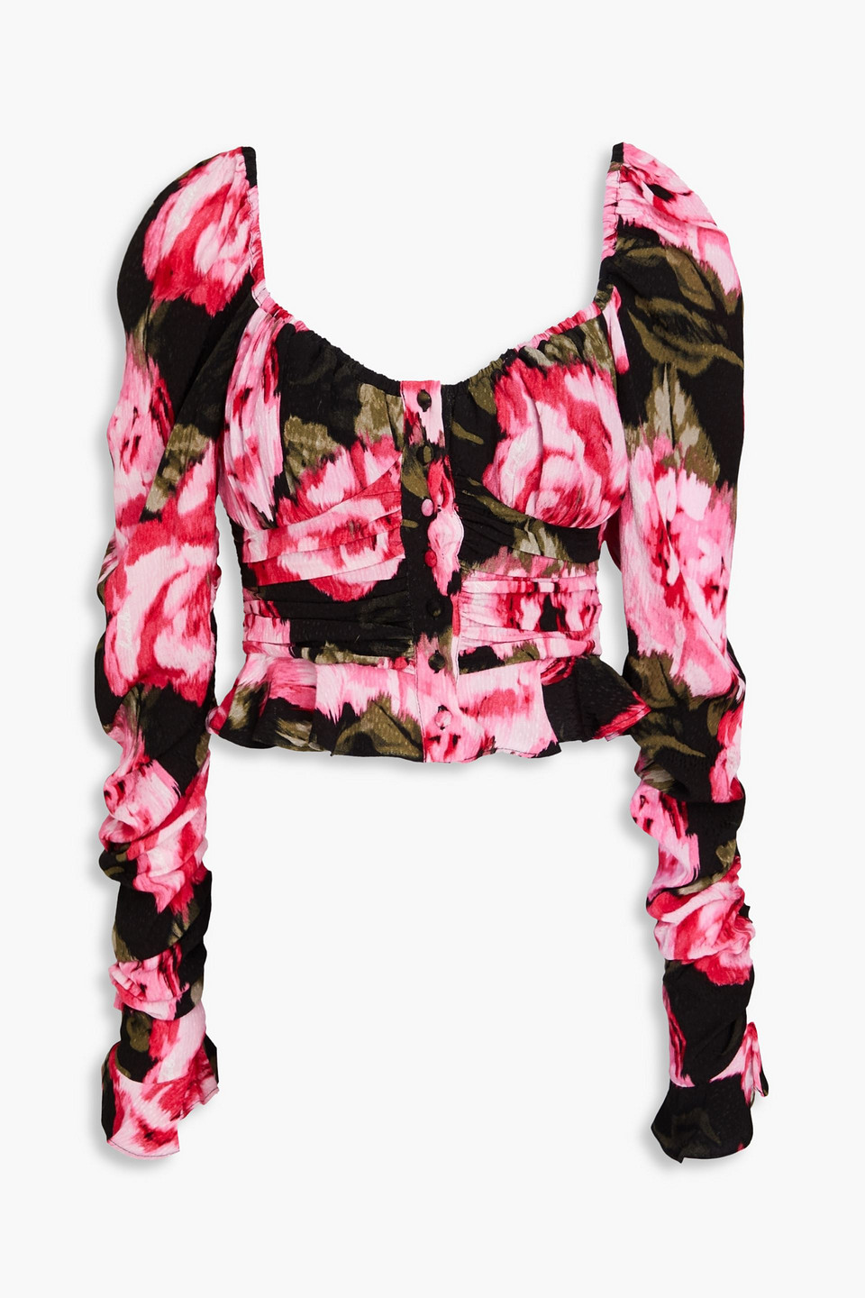 Rotate Birger Christensen Cropped Ruffled Floral-jacquard Blouse In Multi