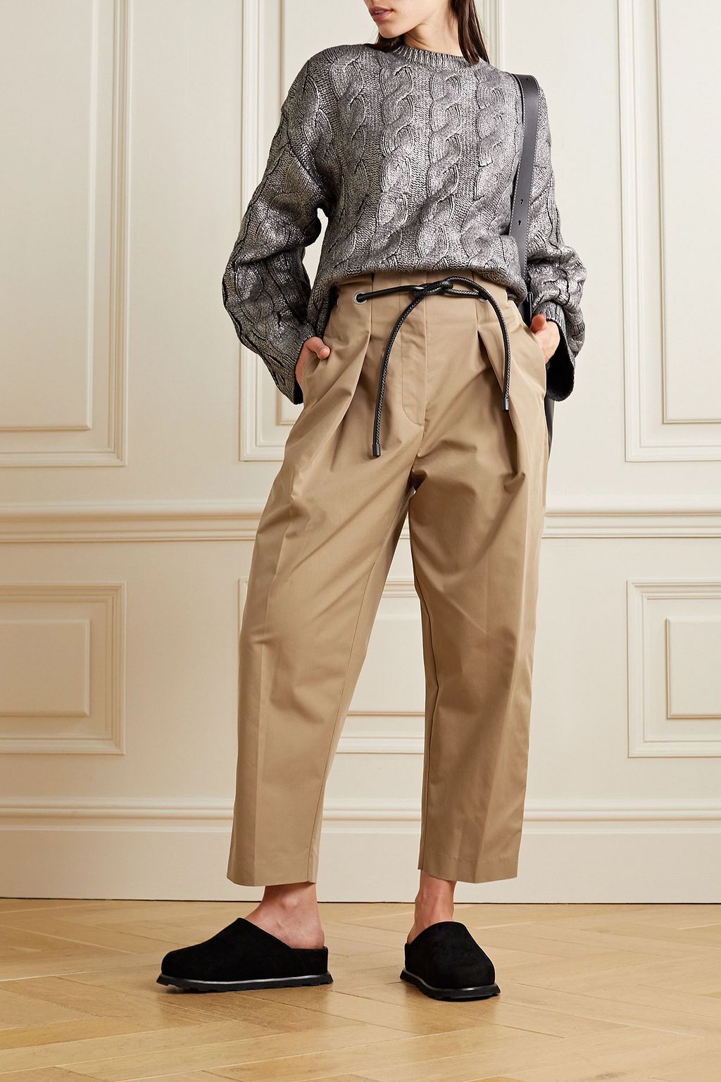 3.1 PHILLIP LIM بنطال Origami بأرجل مستقيمة من مزيج قطن بكسرات وحزام