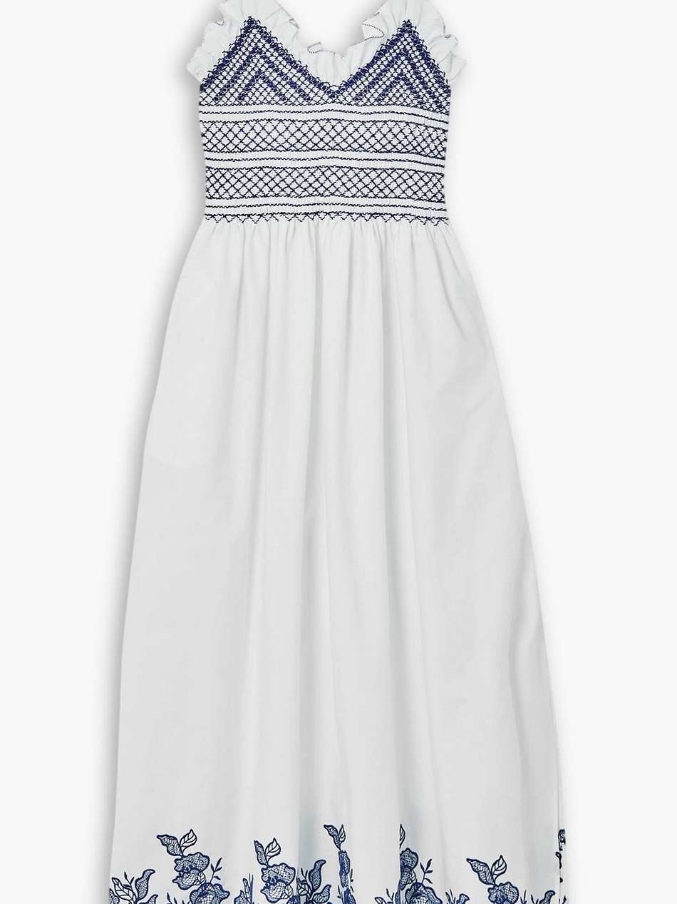 bianca smocked embroidered cotton midi dress