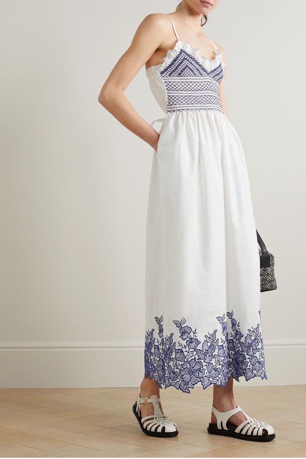 LORETTA CAPONI Bianca smocked printed cotton-poplin midi dress