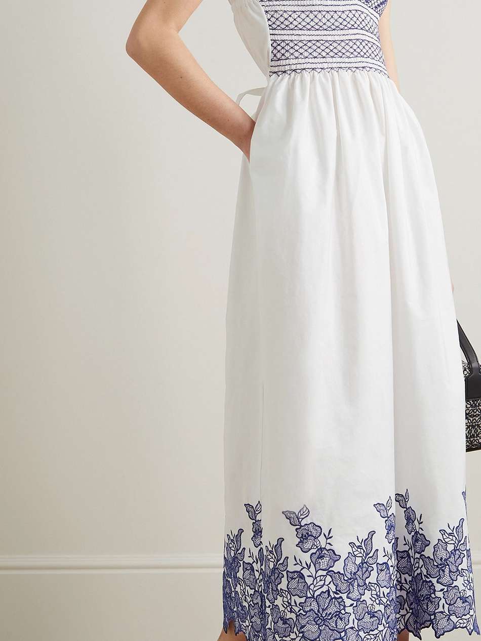bianca smocked embroidered cotton midi dress