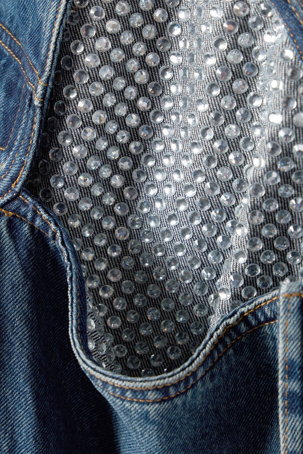 AREA Cutout crystal-embellished denim jacket