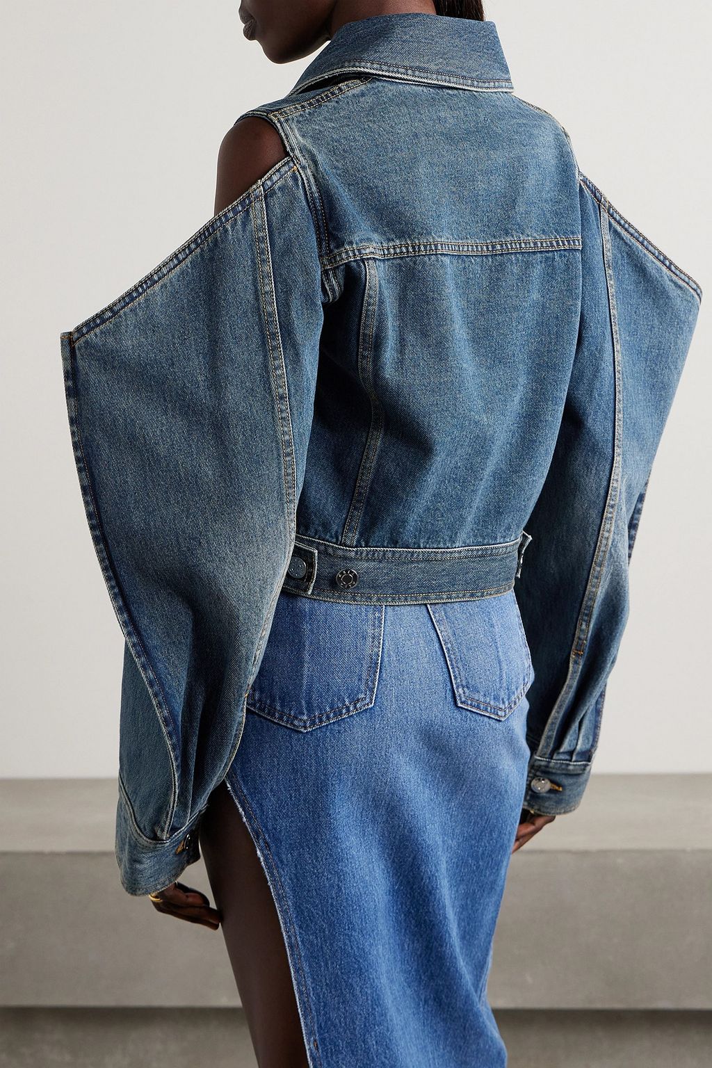 AREA Cutout crystal-embellished denim jacket