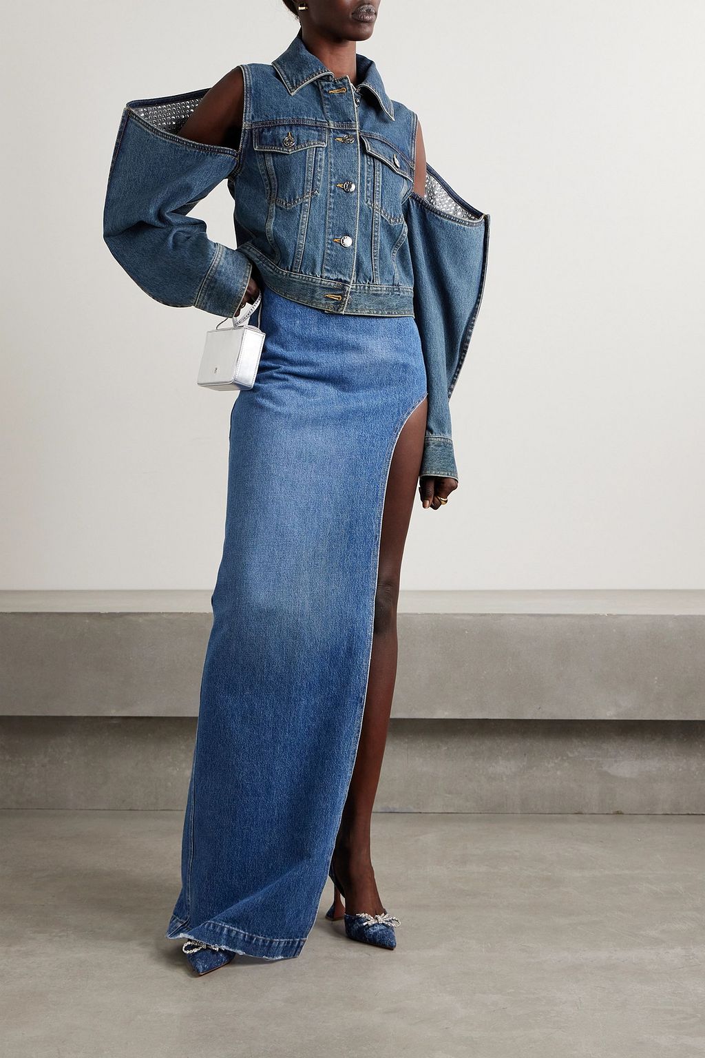 AREA Cutout crystal-embellished denim jacket