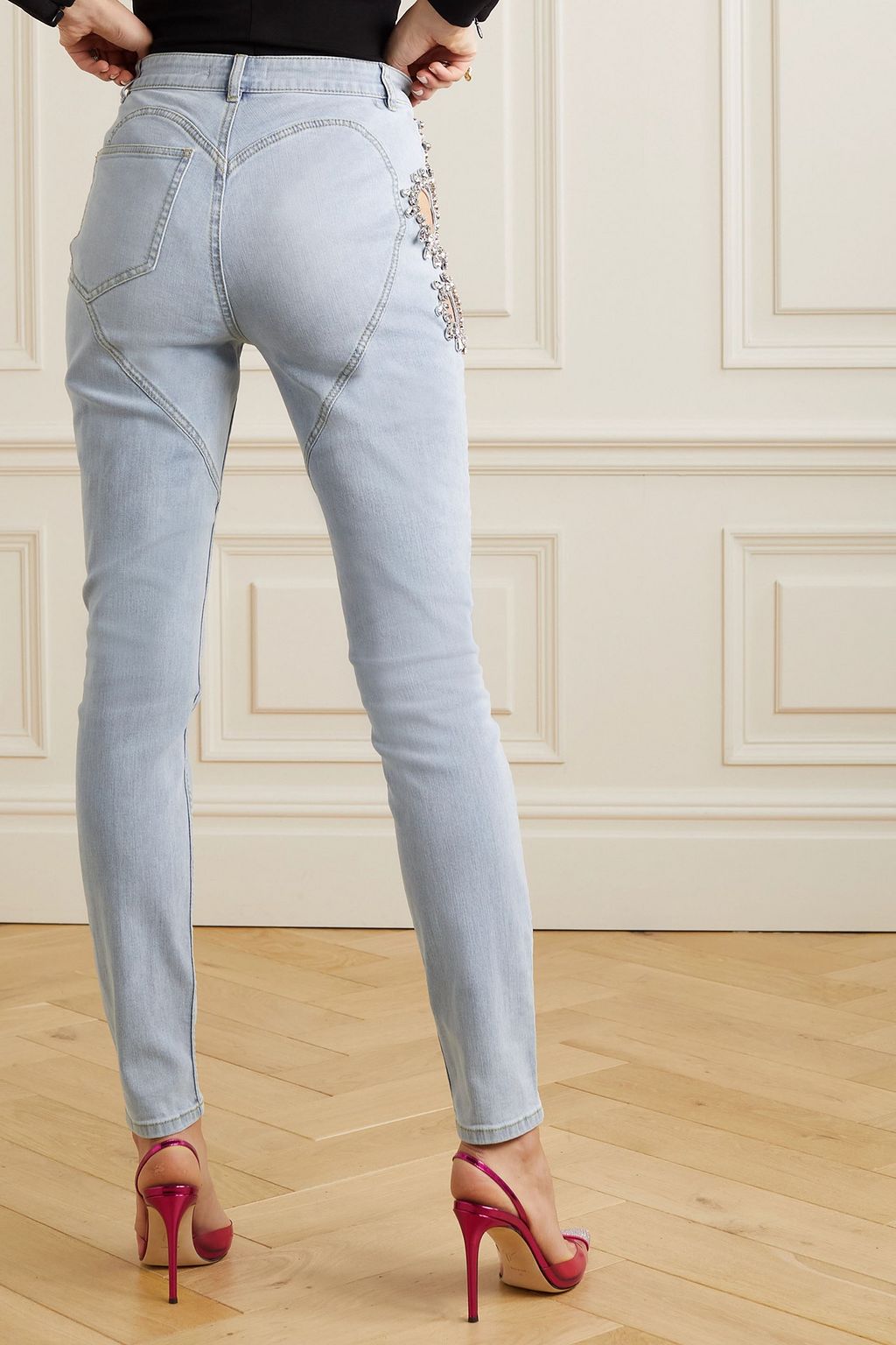AREA Cutout crystal-embellished high-rise skinny jeans