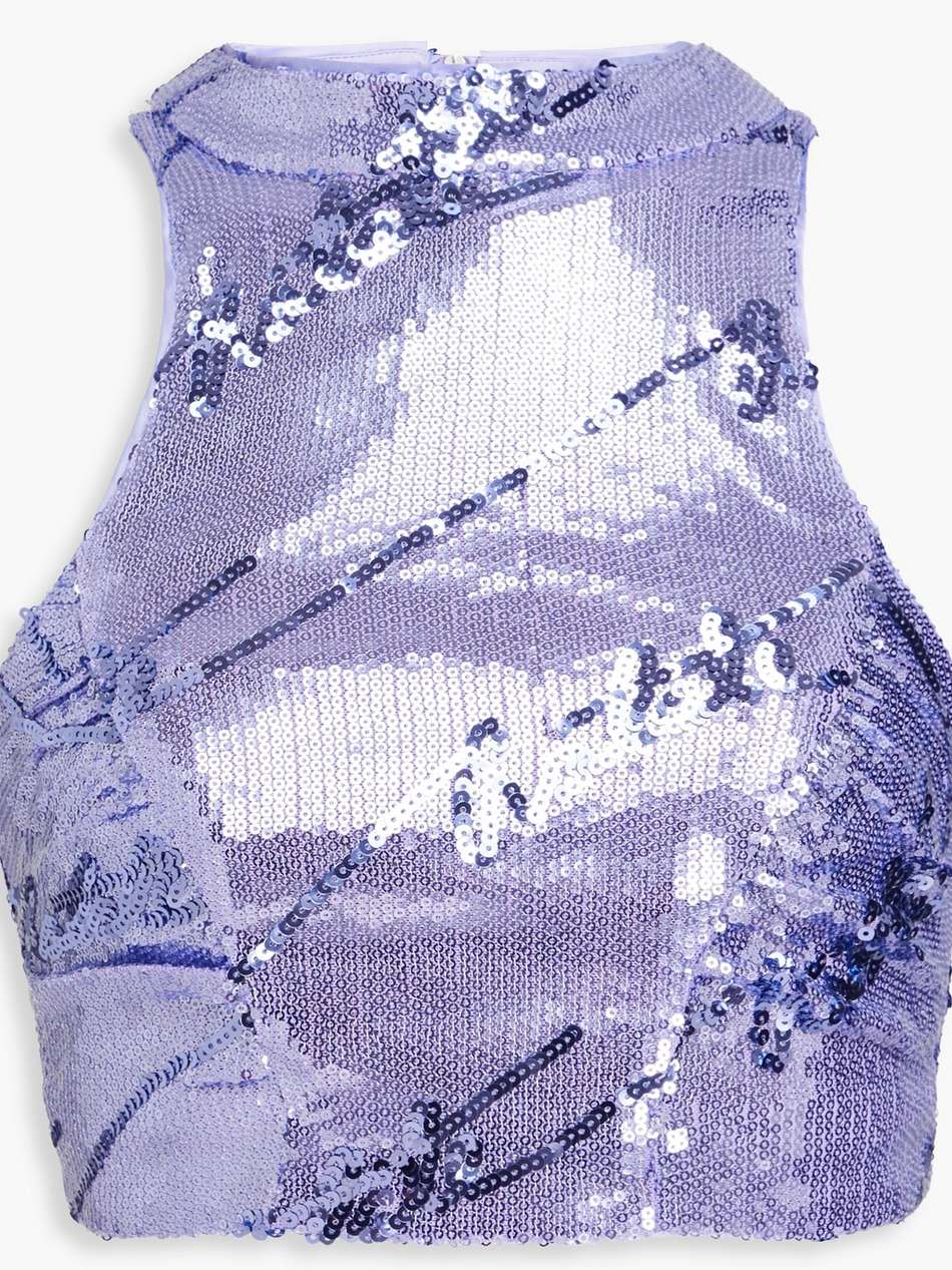 cropped sequined stretch-mesh top