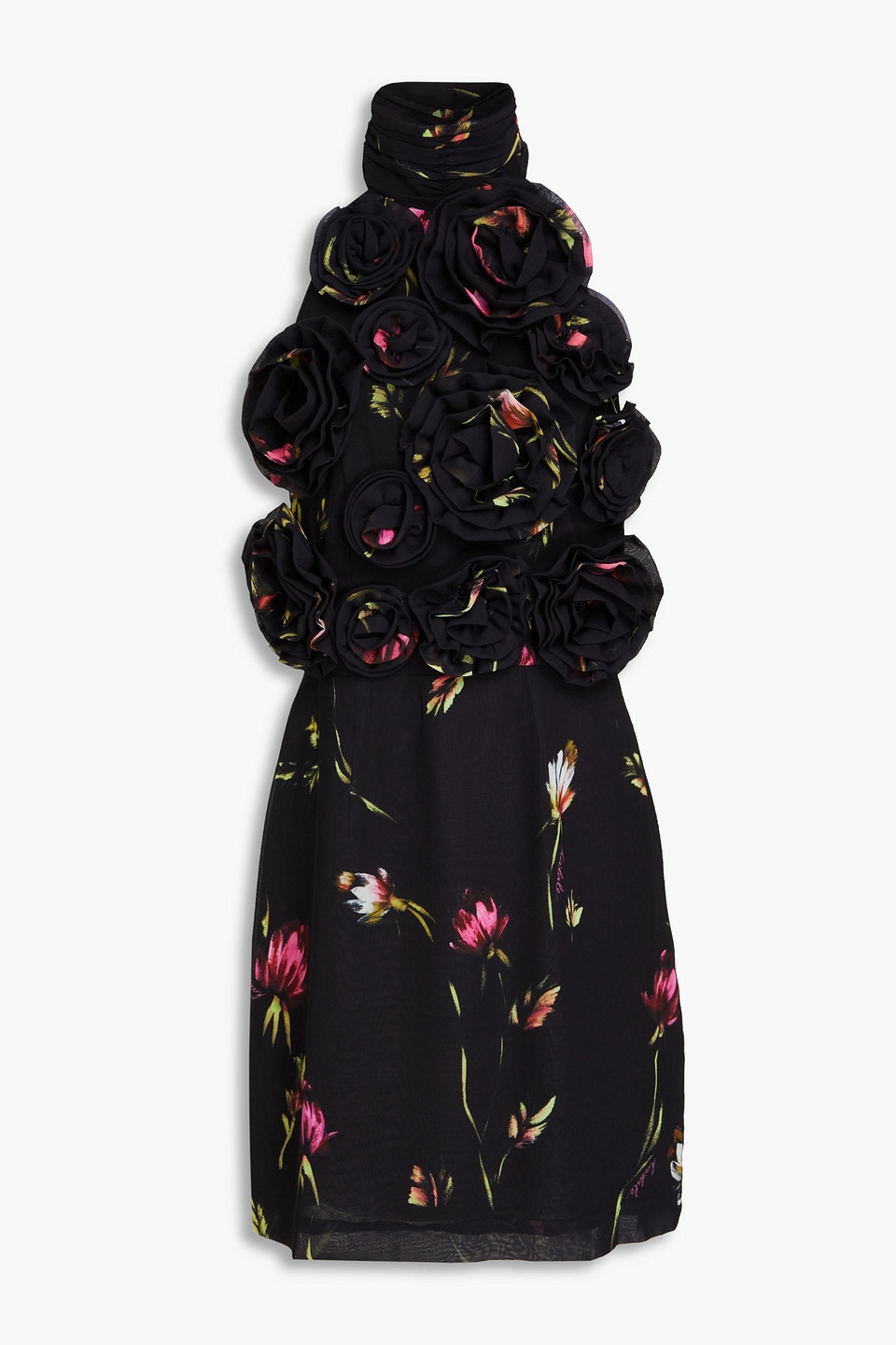 Rotate Birger Christensen Open-back Floral-print Chiffon Halterneck Mini Dress In Black