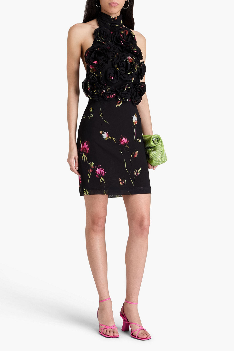 Rotate Birger Christensen Open-back Floral-print Chiffon Halterneck Mini Dress In Black