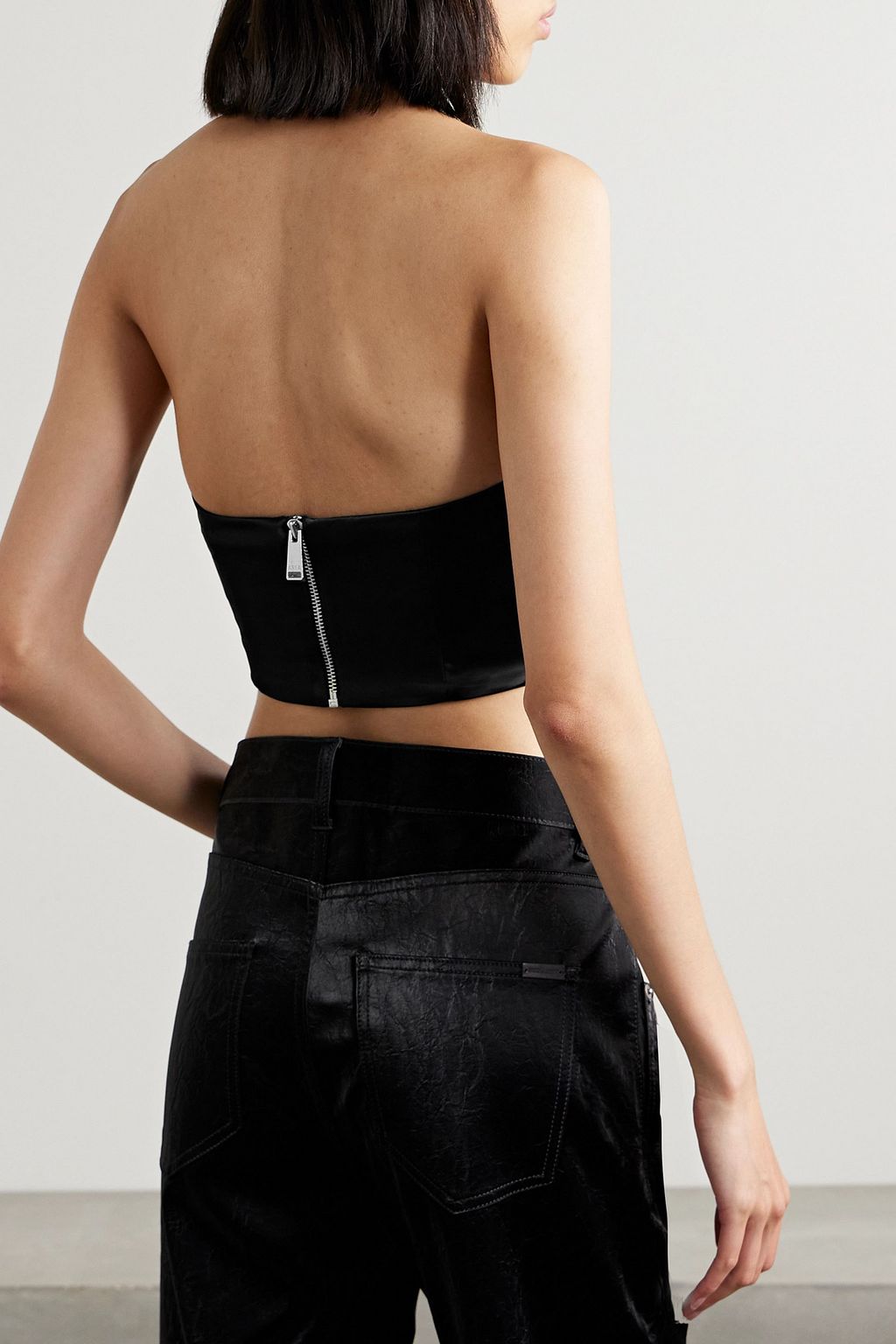 AREA Cropped crystal-embellished draped satin bustier top