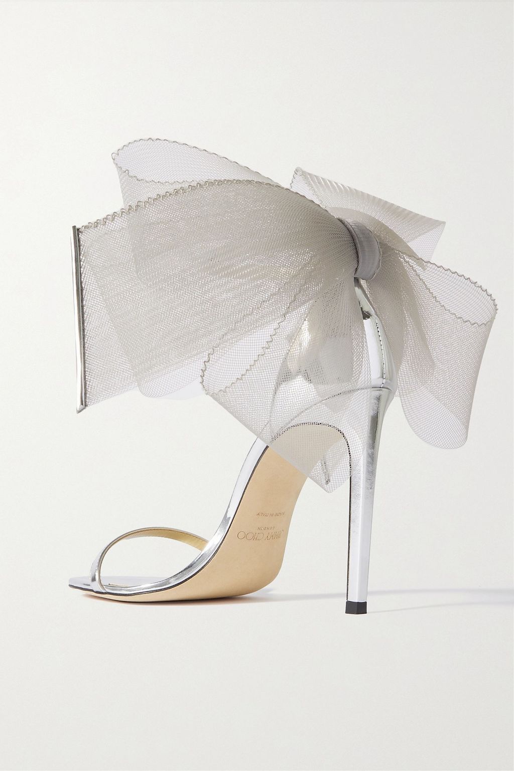JIMMY CHOO Aveline 100 bow-embellished metallic leather sandals