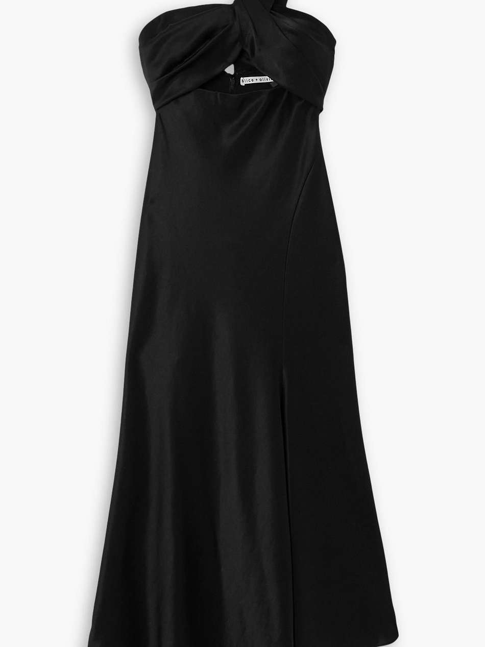 harmony one-shoulder asymmetric cutout satin midi dress
