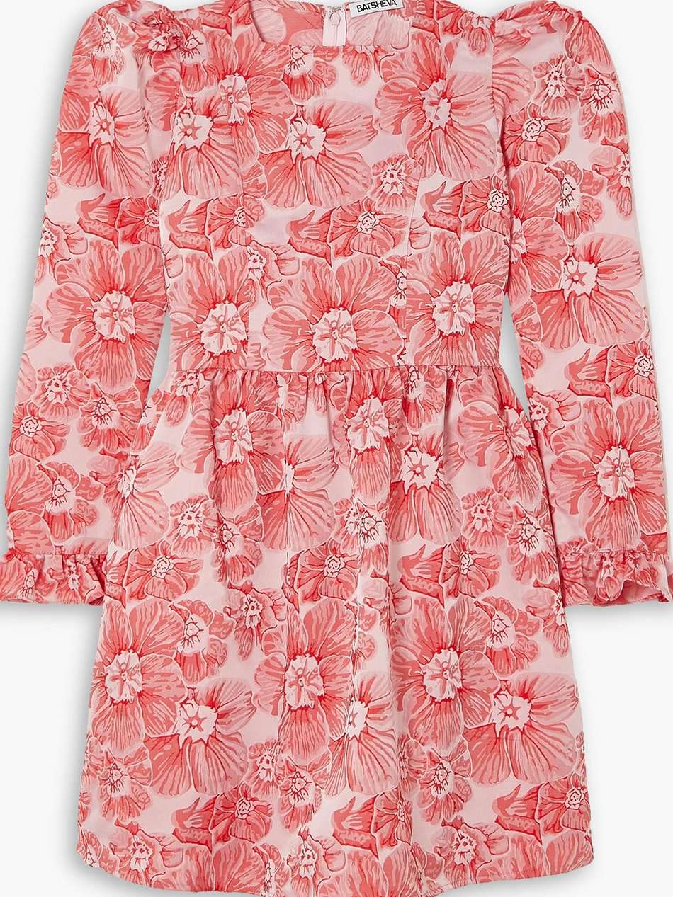 ruffled floral-jacquard mini dress