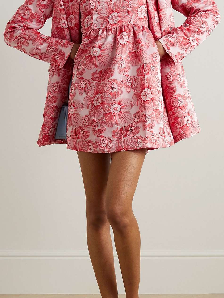 ruffled floral-jacquard mini dress