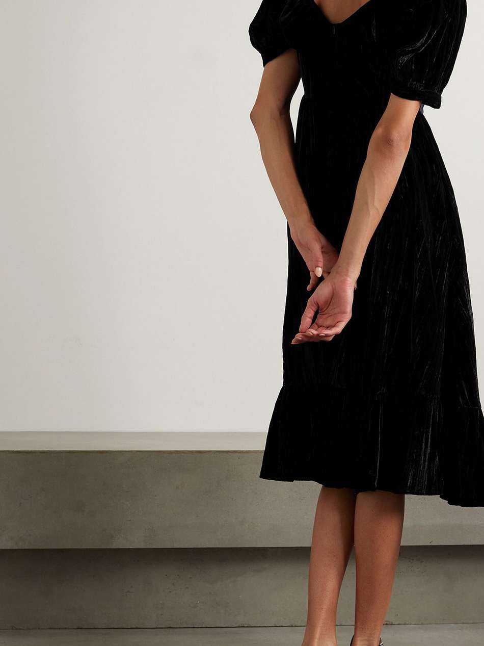 may ruffled tiered velvet midi dress