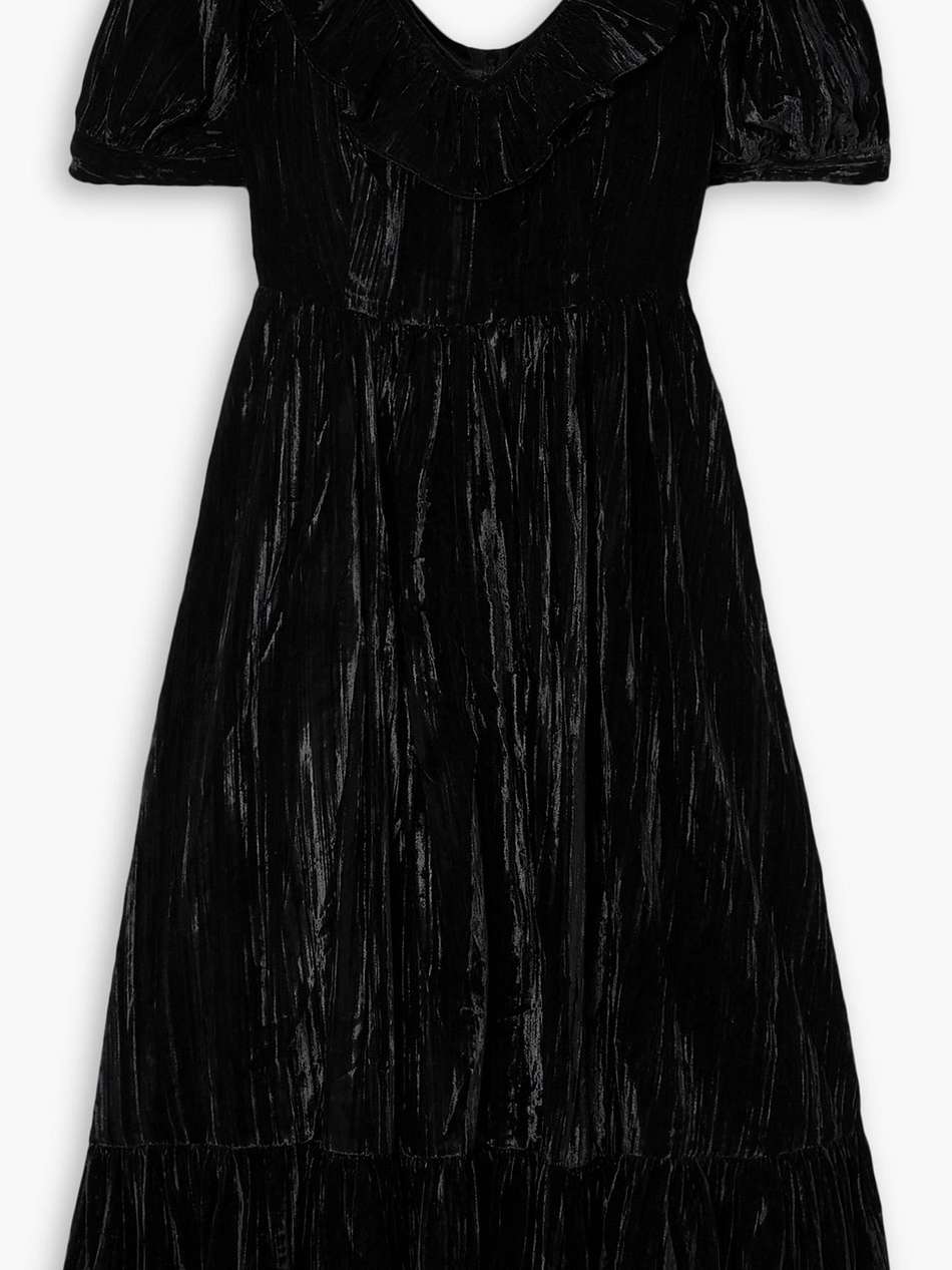 may ruffled tiered velvet midi dress