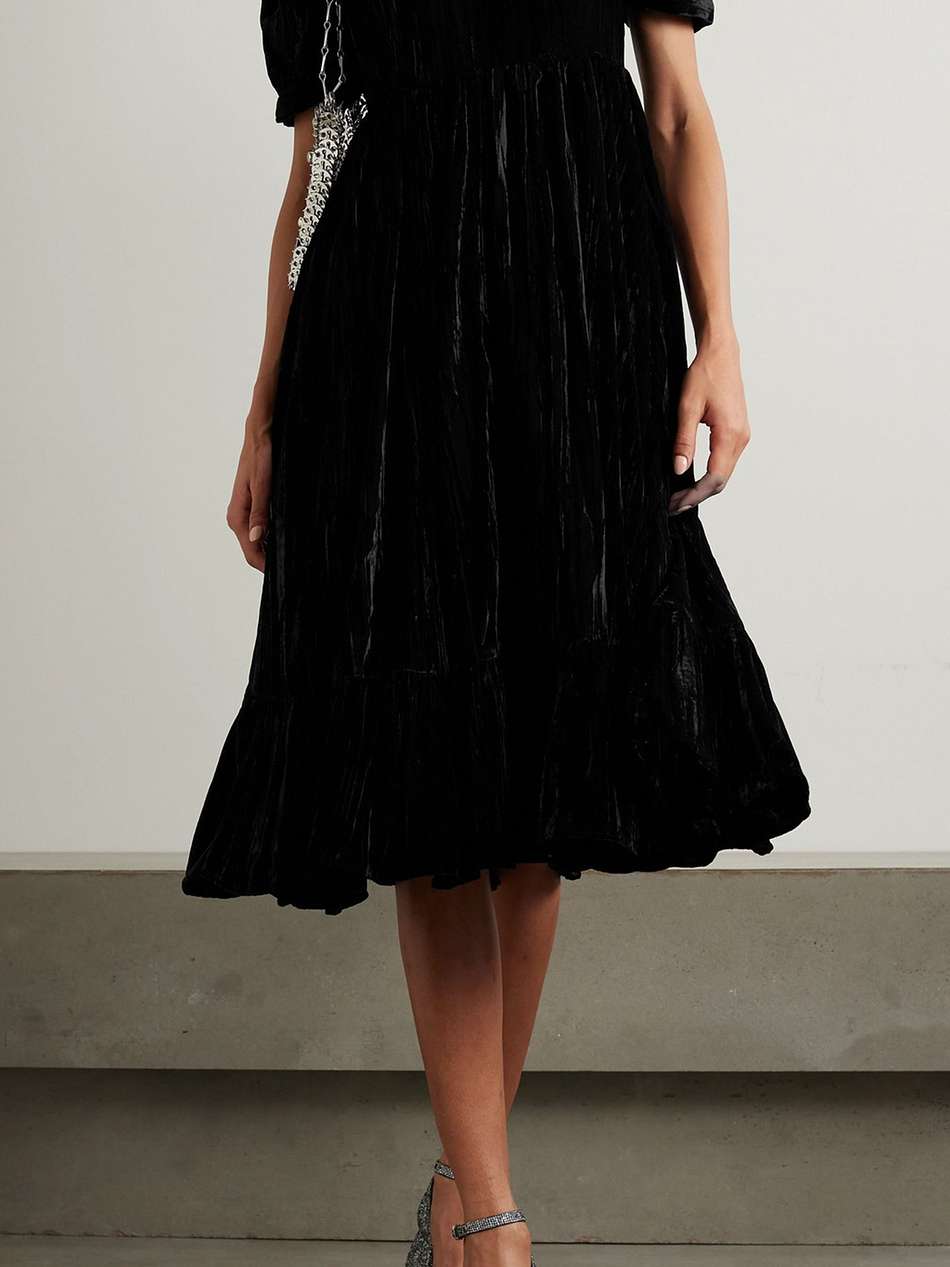 may ruffled tiered velvet midi dress