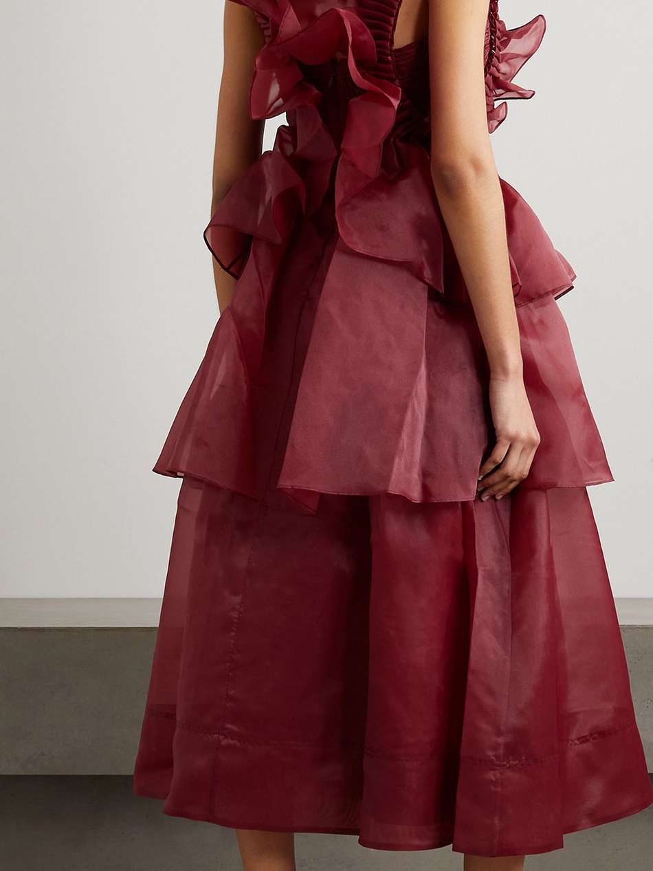 asra ruffled tiered organza midi dress