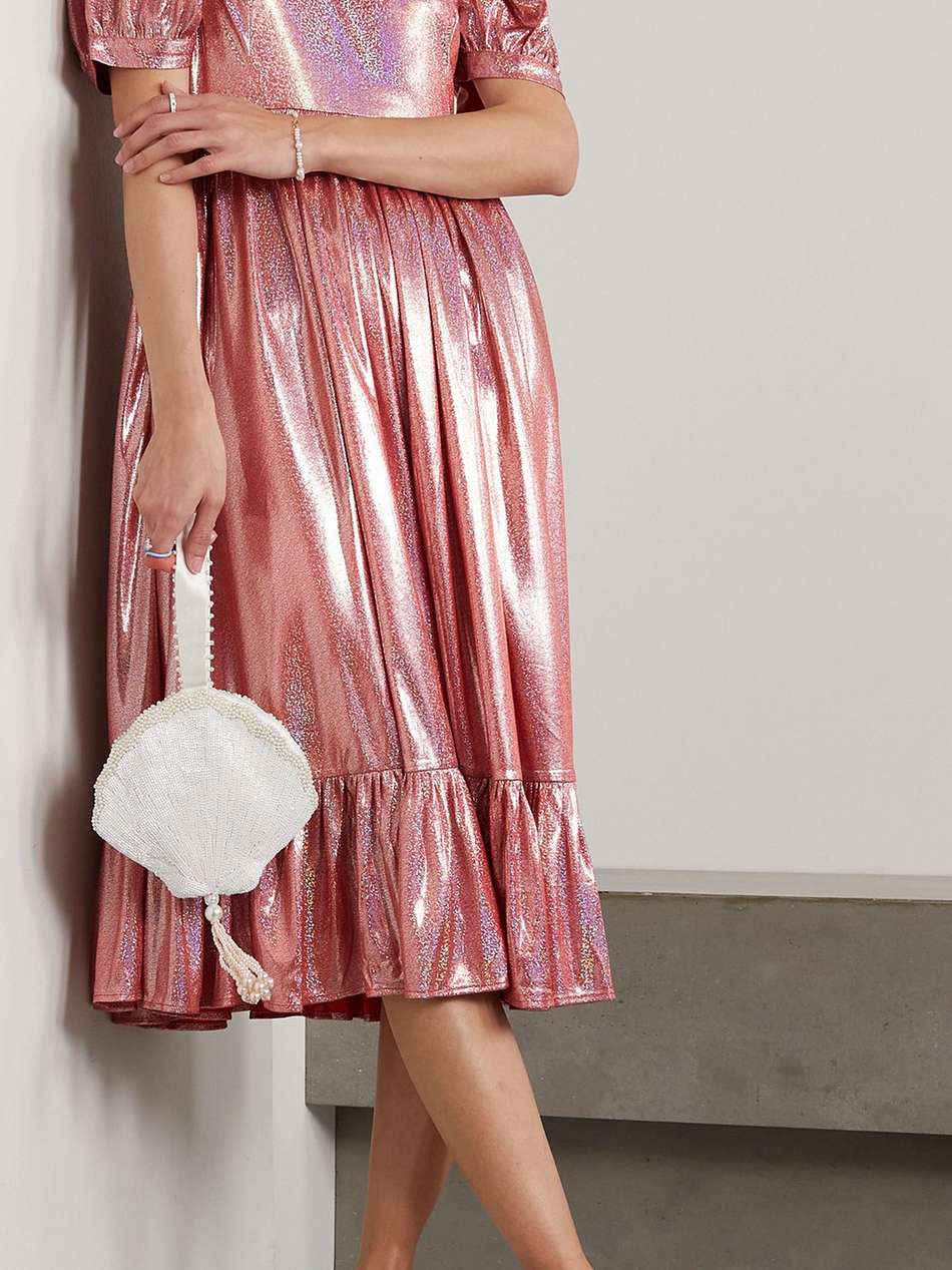 may ruffled lamé midi dress
