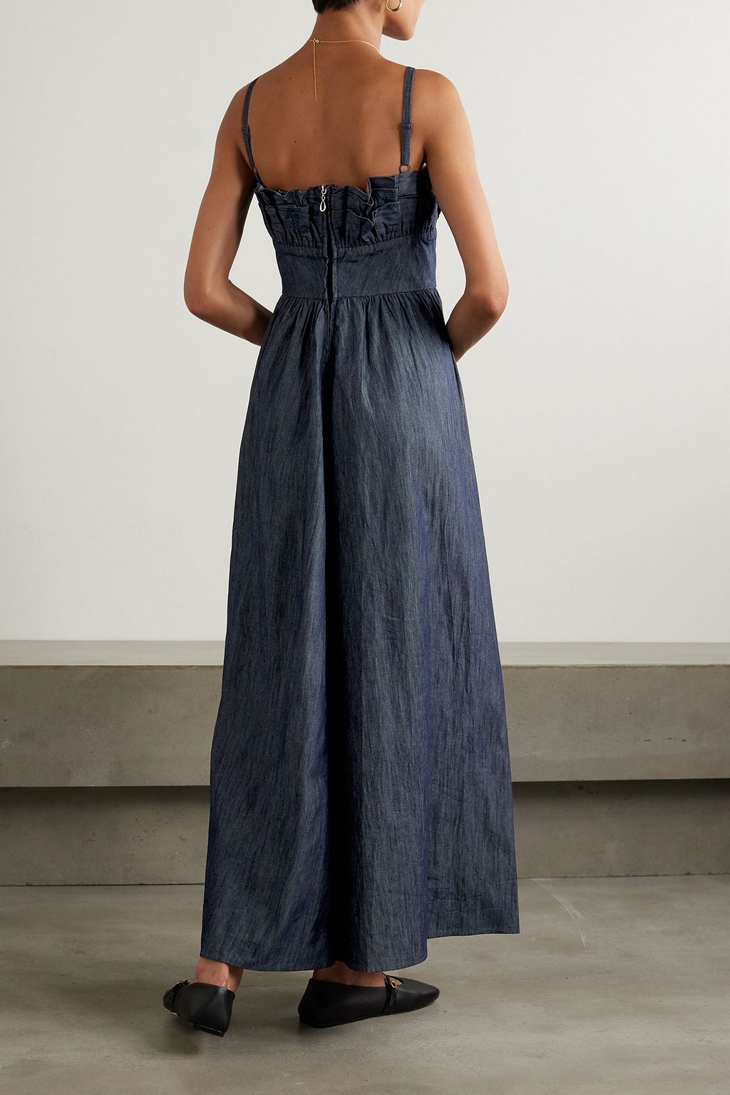 BATSHEVA Amara ruffled appliquéd denim maxi dress